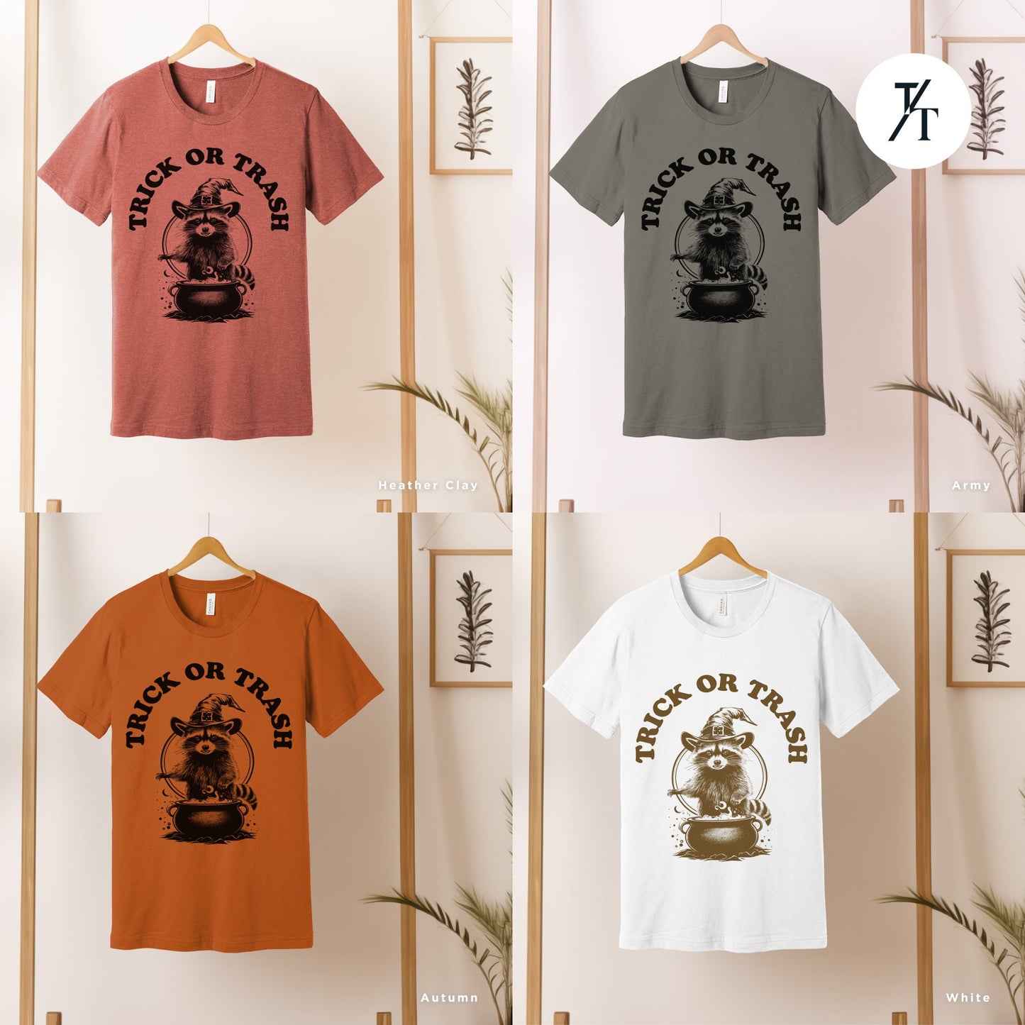 a group of t - shirts hanging on a wall, Trick or Trash Shirt, Raccoon Halloween, Funny Raccoon Shirt, Spooky Season, Funny Feral Girl Halloween Party, Trick Or Treat Trash Panda