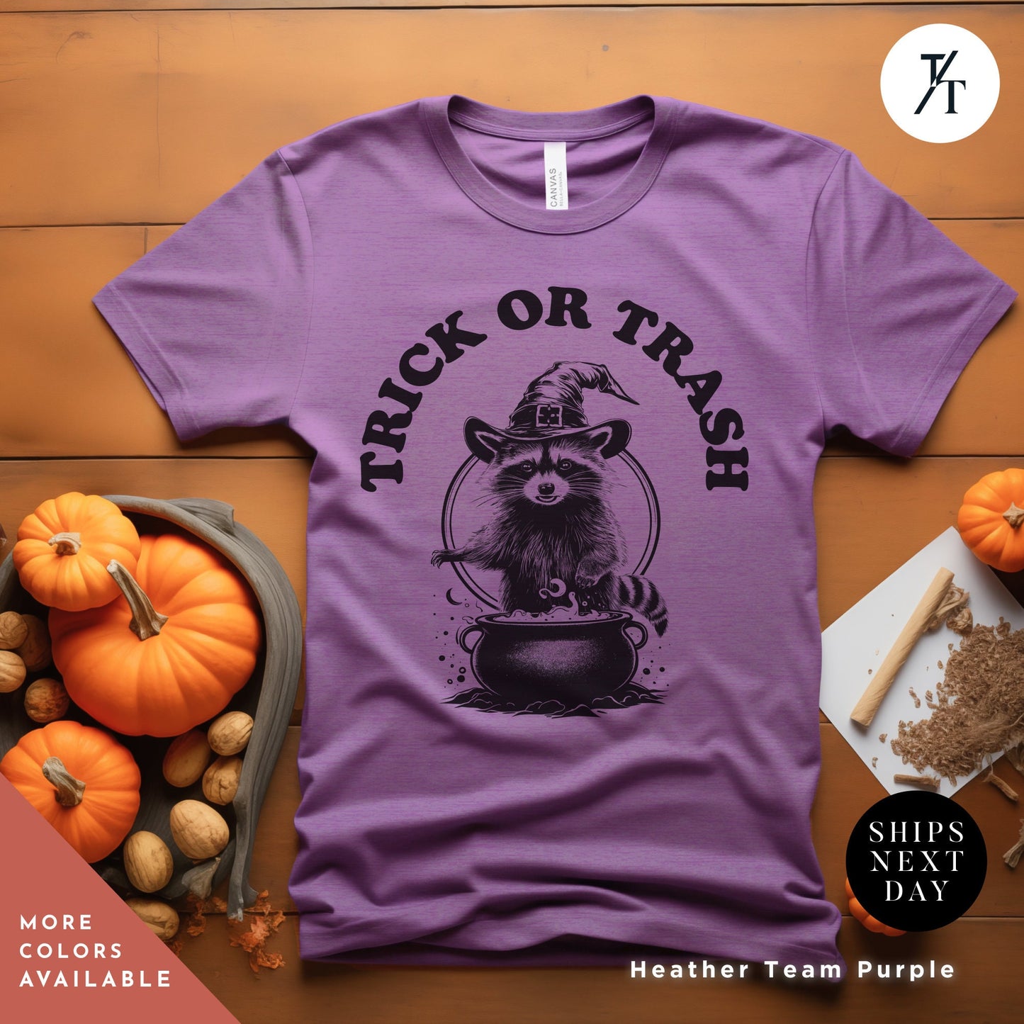 a purple shirt with a raccoon on it, Trick or Trash Shirt, Raccoon Halloween, Funny Raccoon Shirt, Spooky Season, Funny Feral Girl Halloween Party, Trick Or Treat Trash Panda