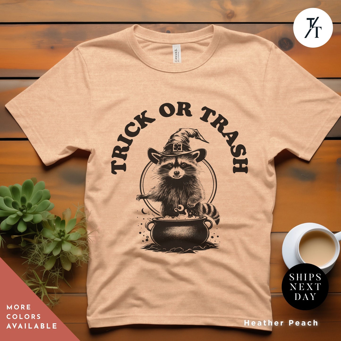 a t - shirt with a raccoon wearing a hat and holding a pot, Trick or Trash Shirt, Raccoon Halloween, Funny Raccoon Shirt, Spooky Season, Funny Feral Girl Halloween Party, Trick Or Treat Trash Panda
