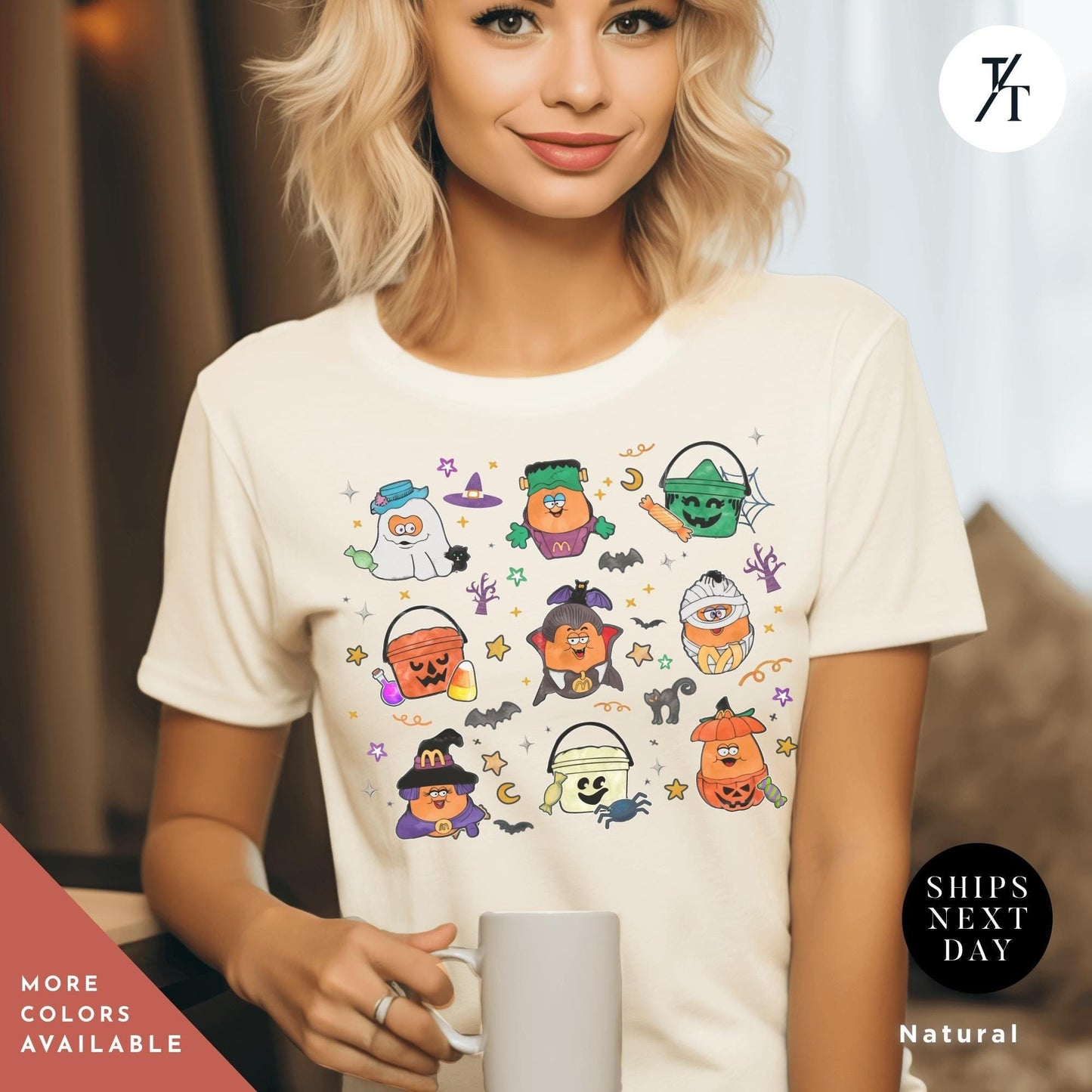 a woman holding a coffee mug in front of her face, Halloween Nuggets Shirt, Retro Halloween Tee, Vintage Scary Halloween, Chicken Nugget Lover Gift, 80s Kids Throwback, Spooky Season Shirt