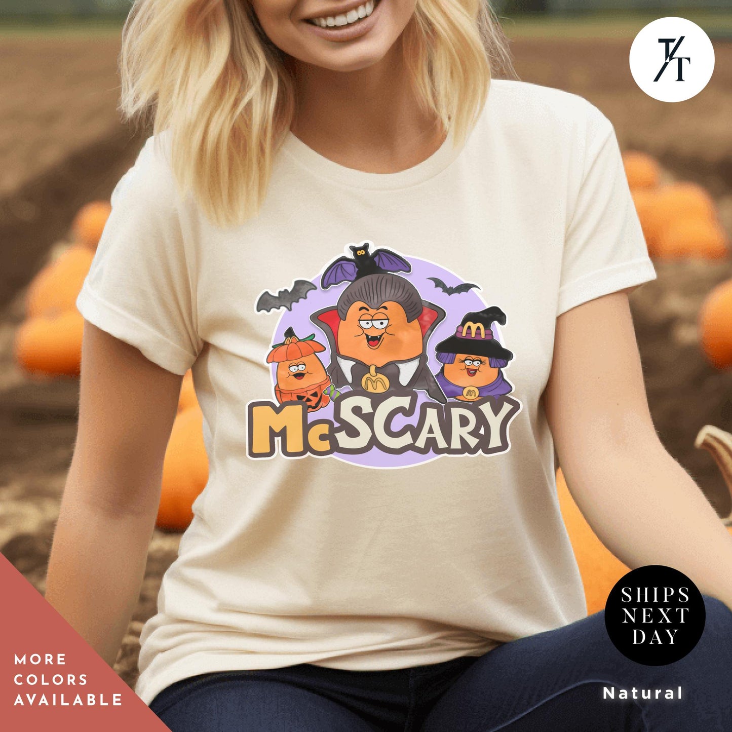 a woman sitting on a pumpkin patch wearing a shirt with chicken nuggets on it, Retro Halloween Spooky Nuggets Shirt, McDonalds Chicken Nugget Tee, Bucket Shirt, Funny Vintage Halloween Gift, Cute Spooky Season Top
