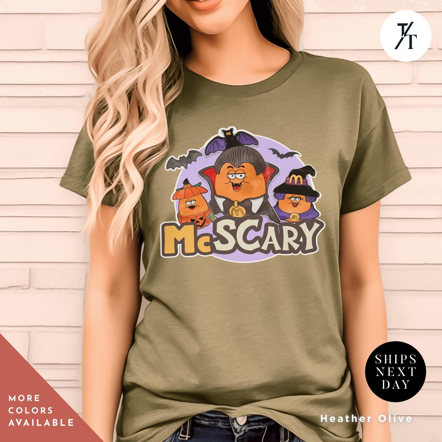 a woman wearing a t - shirt that says mc scary, chicken nuggets on it, Retro Halloween Spooky Nuggets Shirt, McDonalds Chicken Nugget Tee, Bucket Shirt, Funny Vintage Halloween Gift, Cute Spooky Season Top