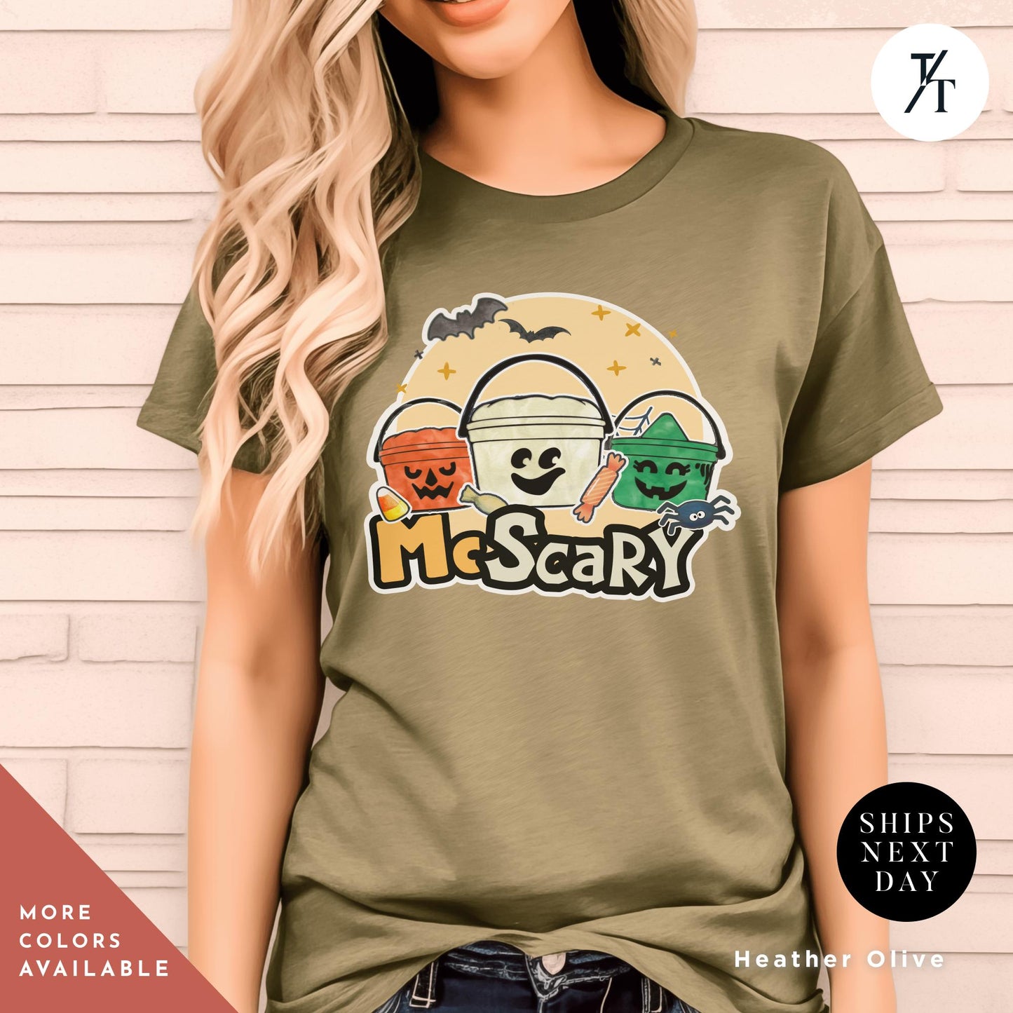 a woman wearing a t - shirt that says mc scary, Retro Halloween Bucket, Boo Bucket Shirt, McDonalds Halloween Tee, Funny Spooky Season, Vintage Ghost Witch Pumpkin chicken nuggets shirt