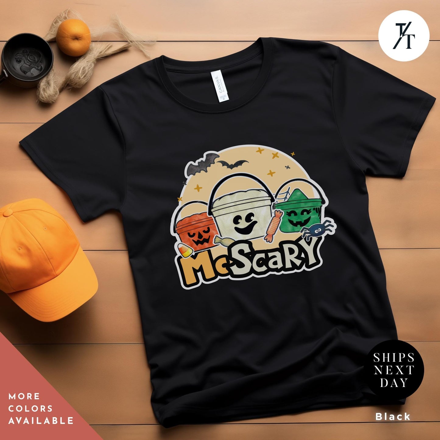 a black t - shirt with the word mcscary on it, Retro Halloween Bucket, Boo Bucket Shirt, McDonalds Halloween Tee, Funny Spooky Season, Vintage Ghost Witch Pumpkin chicken nuggets shirt
