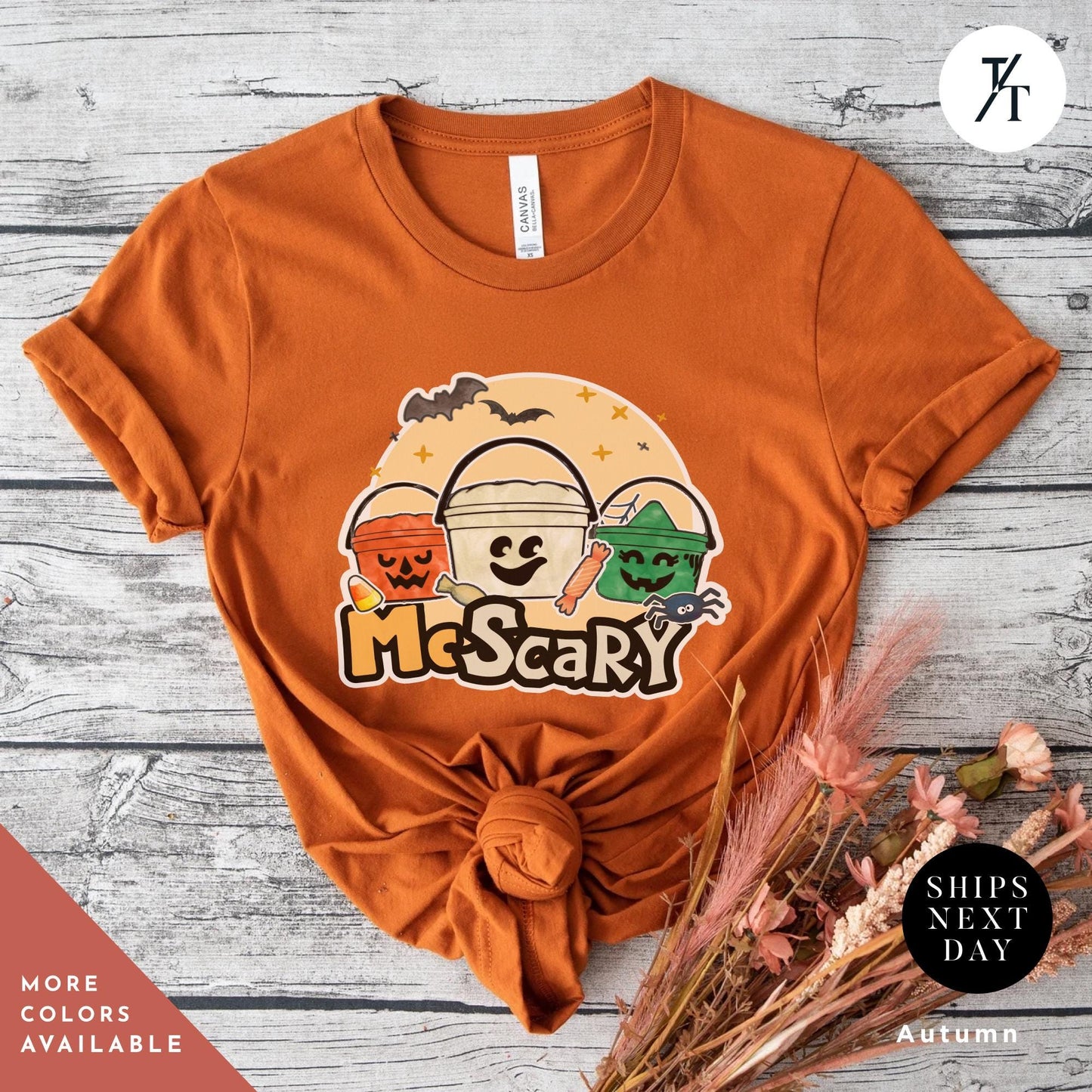 a t - shirt with a picture of a couple of pumpkins on it, mc scary on it, Retro Halloween Bucket, Boo Bucket Shirt, McDonalds Halloween Tee, Funny Spooky Season, Vintage Ghost Witch Pumpkin chicken nuggets shirt