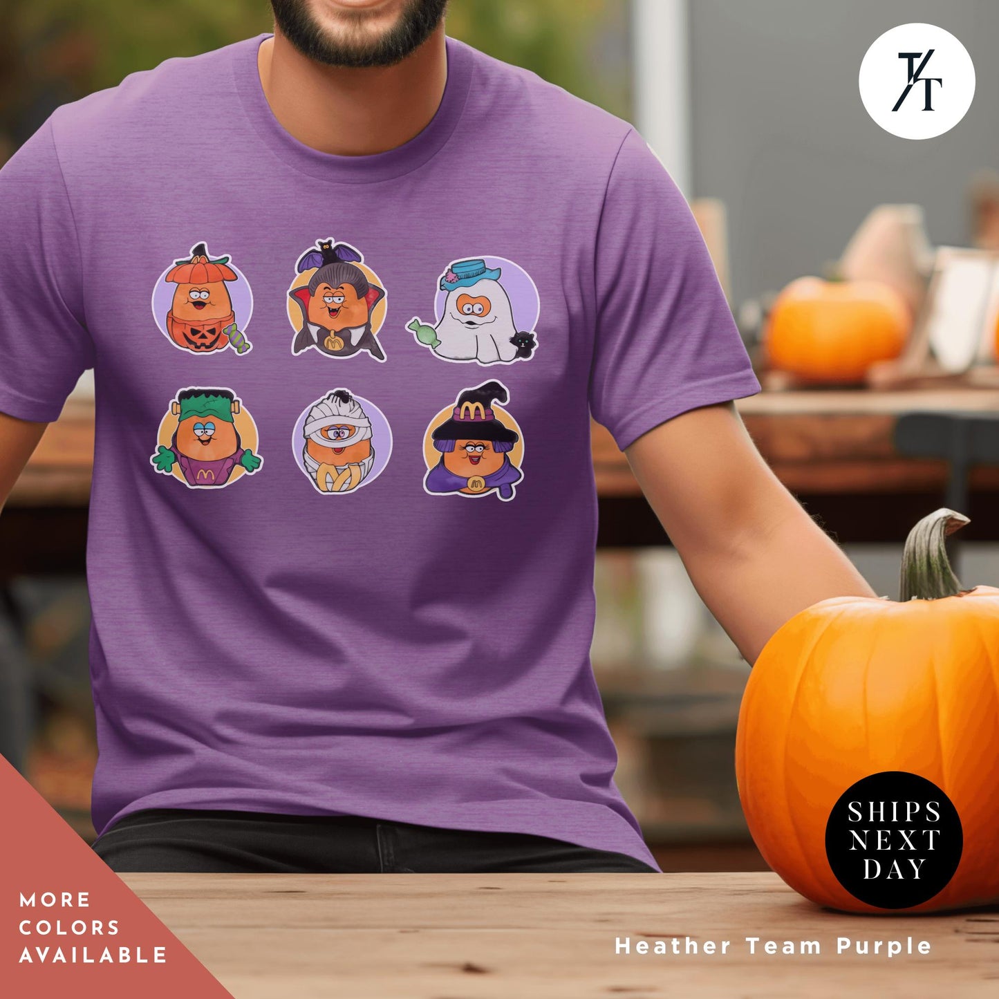 a man sitting next to a pumpkin wearing a purple shirt, Halloween Nuggets Shirt, Retro Halloween Tee, Vintage Scary Chicken Nugget Lover Gift, 80s Kids Throwback, Spooky Season Shirt