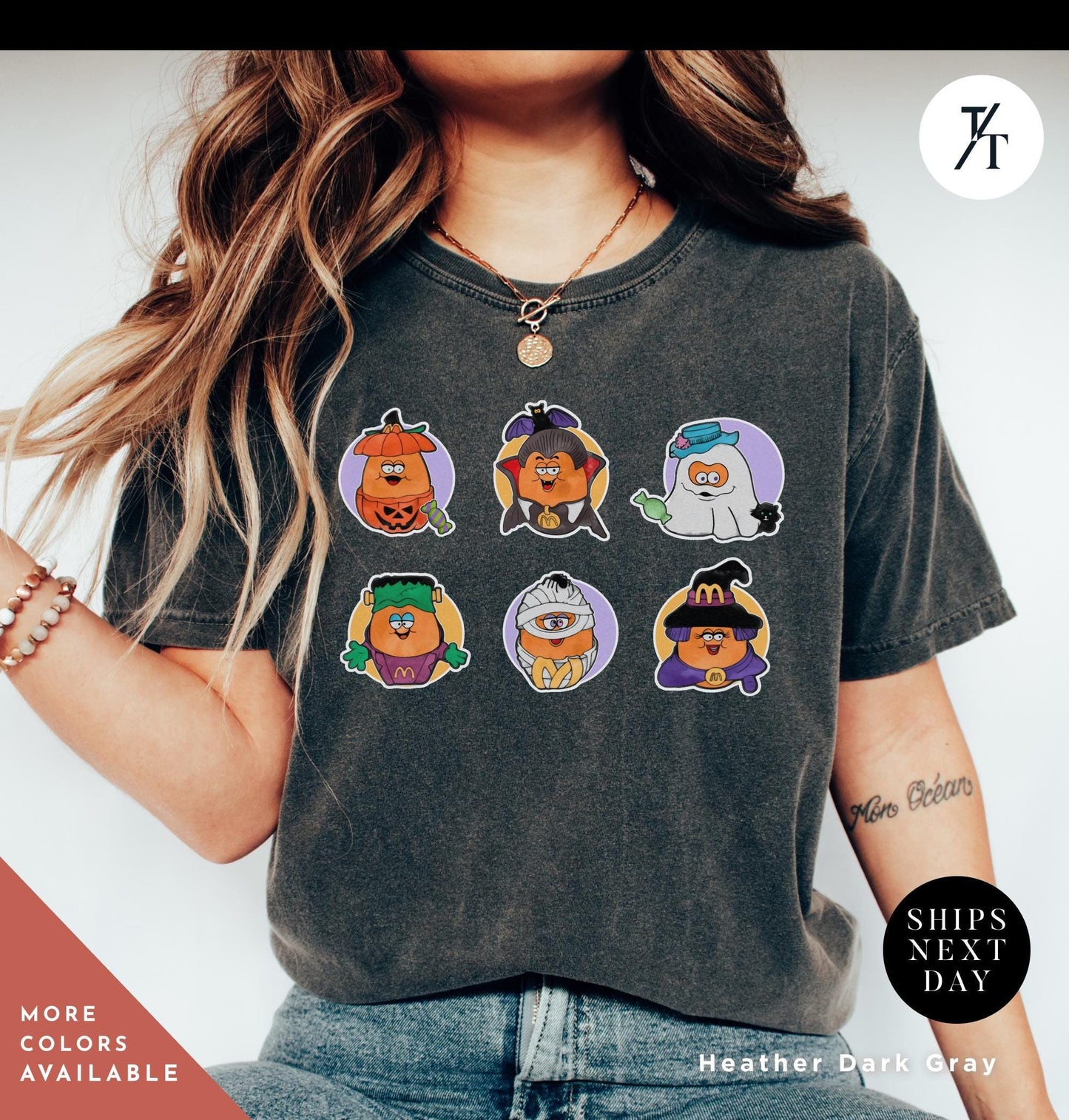 a woman wearing a tshirt with a bunch of cartoon characters on it, Halloween Nuggets Shirt, Retro Halloween Tee, Vintage Scary Chicken Nugget Lover Gift, 80s Kids Throwback, Spooky Season Shirt