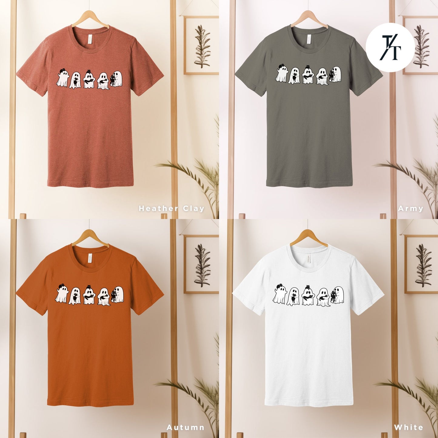 a group of t - shirts hanging on a wall, Ghost Holding Black Cat Shirt, Ghost Cat Shirt, Halloween Gift, Halloween Ghosts, Cute Ghosts Shirts, Spooky Season Shirts, Cats Lover tees