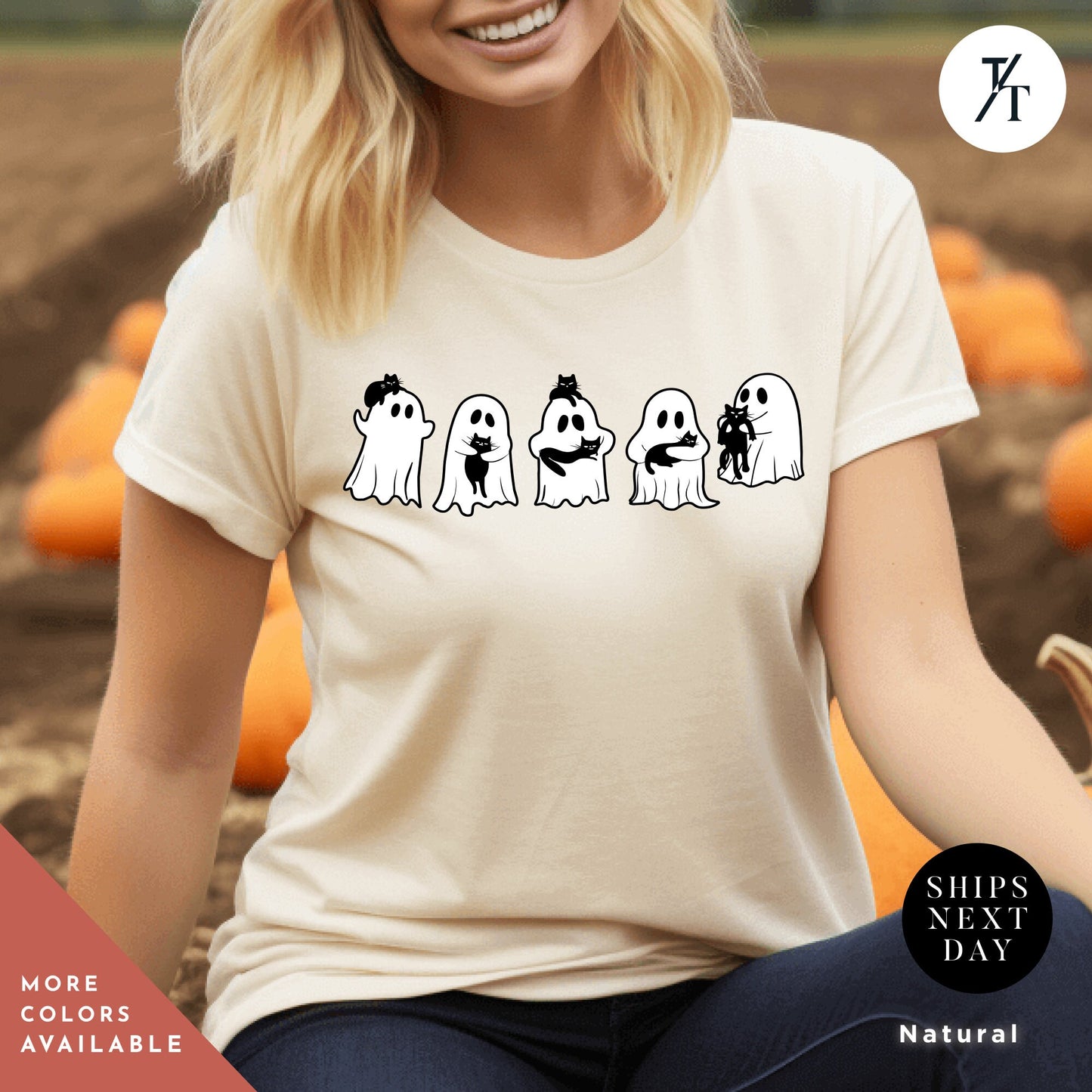 a woman wearing a t - shirt with three ghost faces on it, Ghost Holding Black Cat Shirt, Ghost Cat Shirt, Halloween Gift, Halloween Ghosts, Cute Ghosts Shirts, Spooky Season Shirts, Cats Lover tees