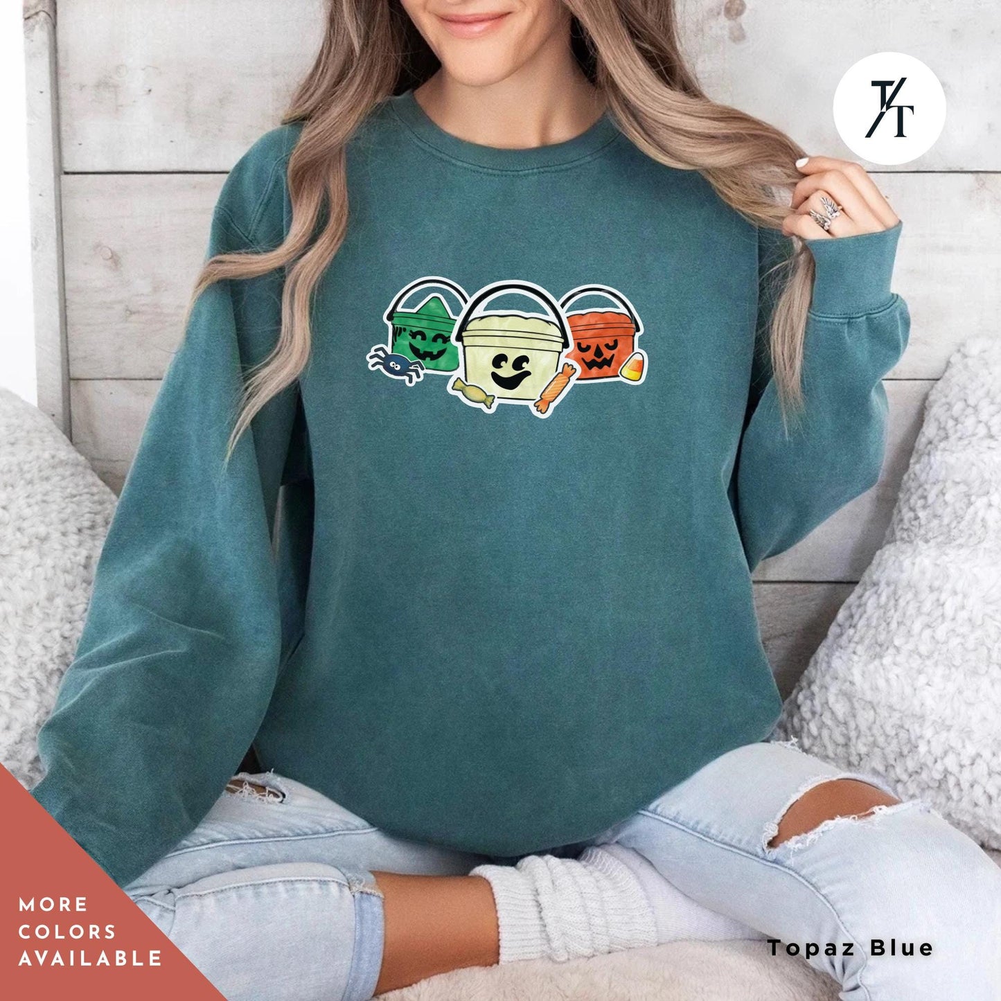 a woman sitting on a bed wearing a green sweatshirt, Comfort colors halloween boo bucket sweatshirt, Boo Bucket Shirt, Mcdonalds Halloween Sweatshirt, Retro 90S Crewneck sweater 90S Ghoul