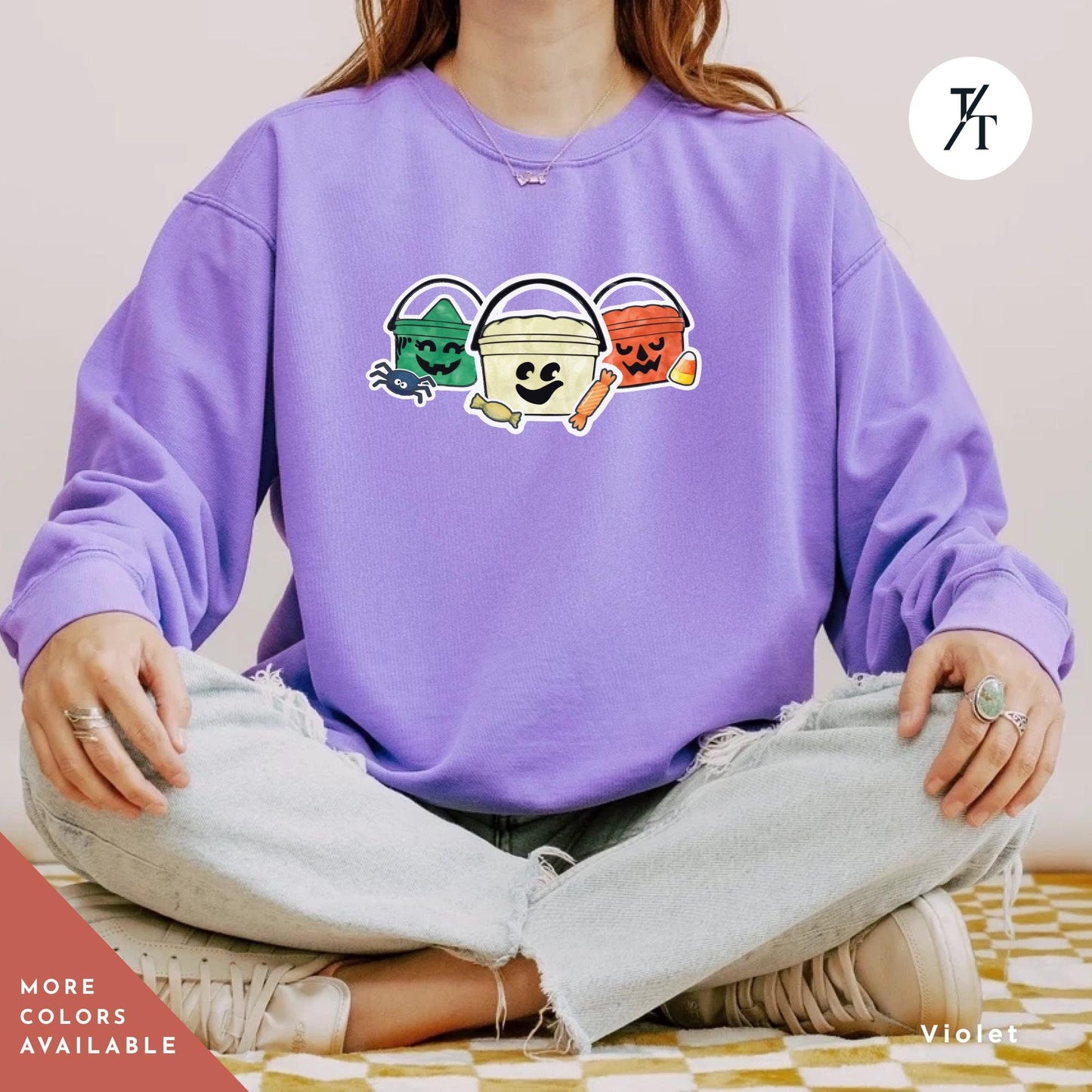 a woman sitting in a yoga pose with her hands in her pockets, Comfort colors halloween boo bucket sweatshirt, Boo Bucket Shirt, Mcdonalds Halloween Sweatshirt, Retro 90S Crewneck sweater 90S Ghoul
