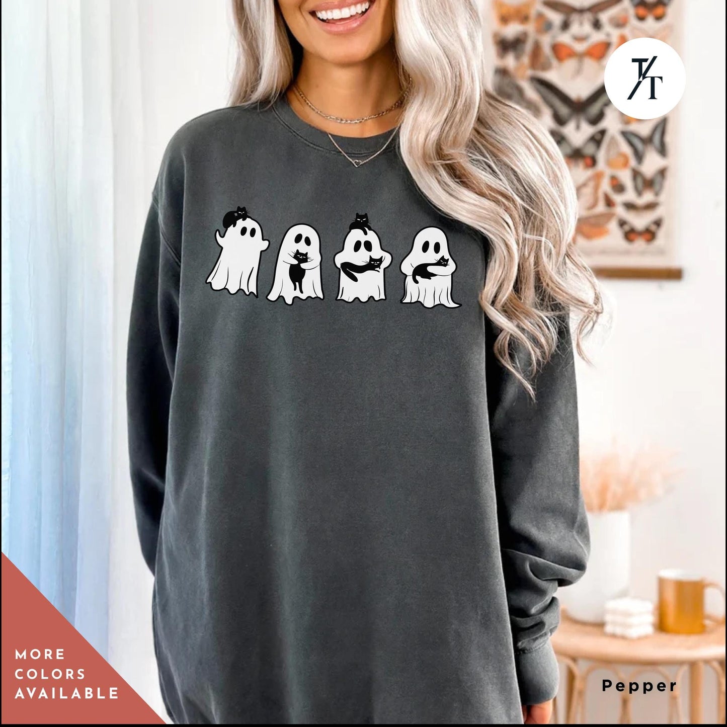 Cool halloween cat sweatshirt, Halloween Sweatshirt, Black Cat Shirt, Ghosts Holding Black Cats retro Spooky Season Shirt Fall sweater