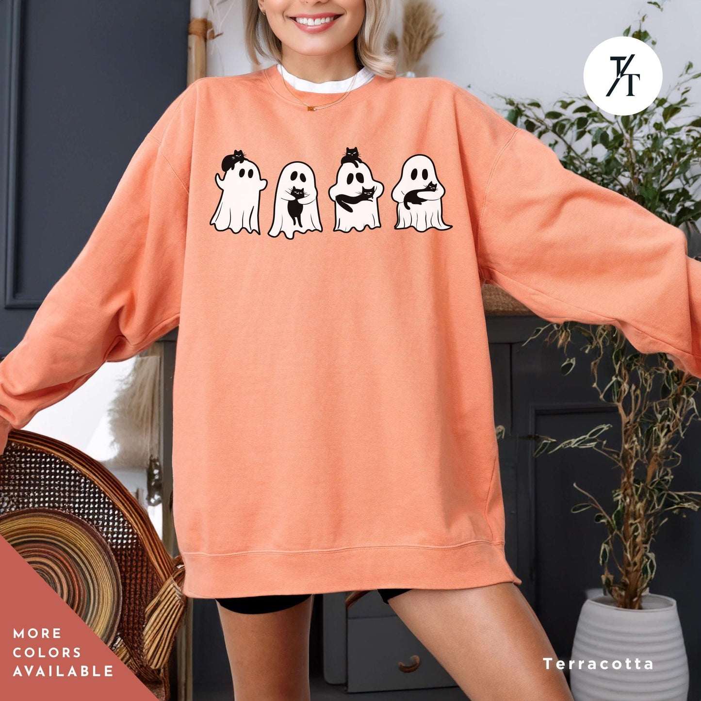Cool halloween cat sweatshirt, Halloween Sweatshirt, Black Cat Shirt, Ghosts Holding Black Cats retro Spooky Season Shirt Fall sweater