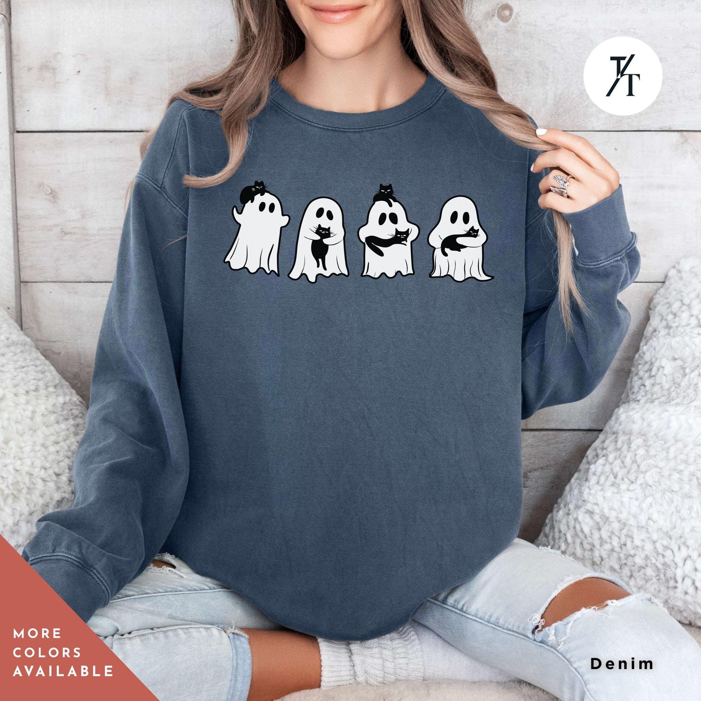 Cool halloween cat sweatshirt, Halloween Sweatshirt, Black Cat Shirt, Ghosts Holding Black Cats retro Spooky Season Shirt Fall sweater