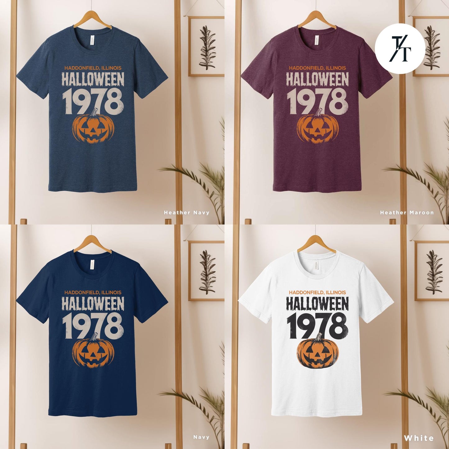 a group of halloween shirts hanging on a wall, Retro halloween 1978 t-shirt Michael Myers Shirt 1978 Halloween Movie Party Tee, Vintage John Carpenter, Spooky Season Original Scary movie