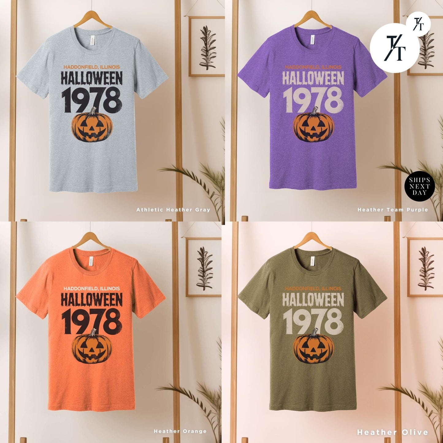 a group of halloween shirts hanging on a wall, Retro halloween 1978 t-shirt Michael Myers Shirt 1978 Halloween Movie Party Tee, Vintage John Carpenter, Spooky Season Original Scary movie