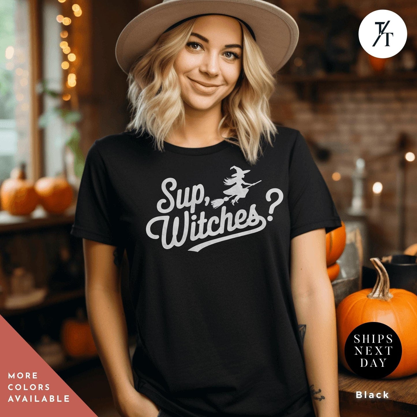 a woman wearing a black shirt that says sup witches?, Sup Witches Shirt, whats up witches, Funny Witch Shirt, Funny Halloween Tee, Halloween Tshirt, Spooky Season Funny Witch Quote