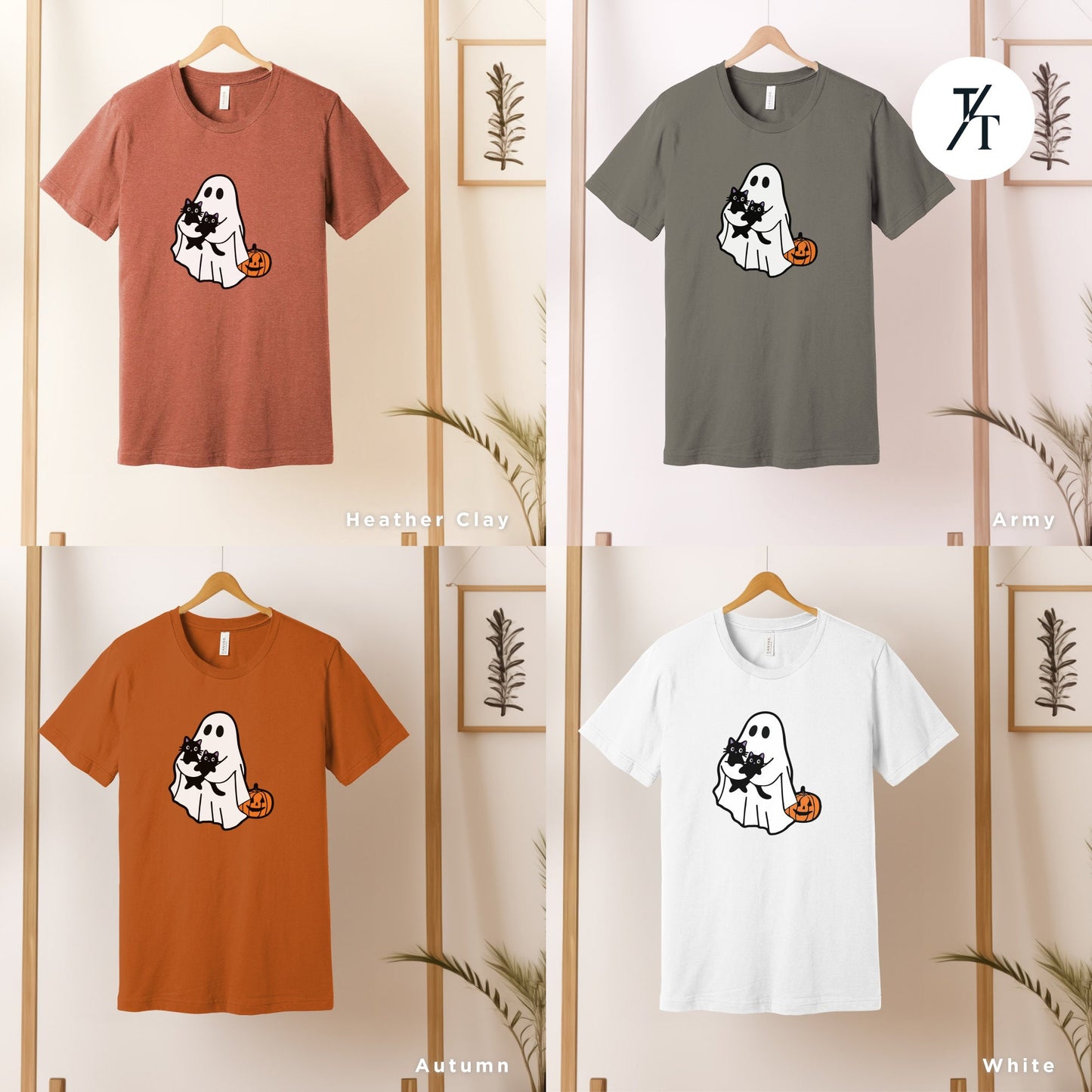 a group of t - shirts hanging on a wall, Ghost Holding Black Cat Shirt, Ghost Cat Shirt, Halloween Gift, Halloween Ghosts, Cute Ghosts Shirts, Spooky Season Shirts, Cats Lover tees