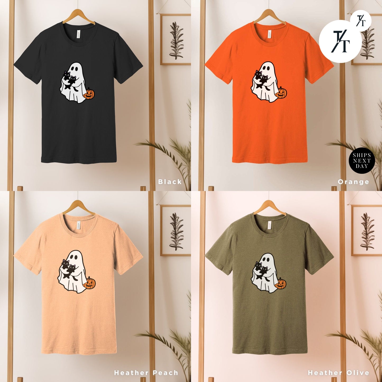 four t - shirts with a ghost on them, Ghost Holding Black Cat Shirt, Ghost Cat Shirt, Halloween Gift, Halloween Ghosts, Cute Ghosts Shirts, Spooky Season Shirts, Cats Lover tees