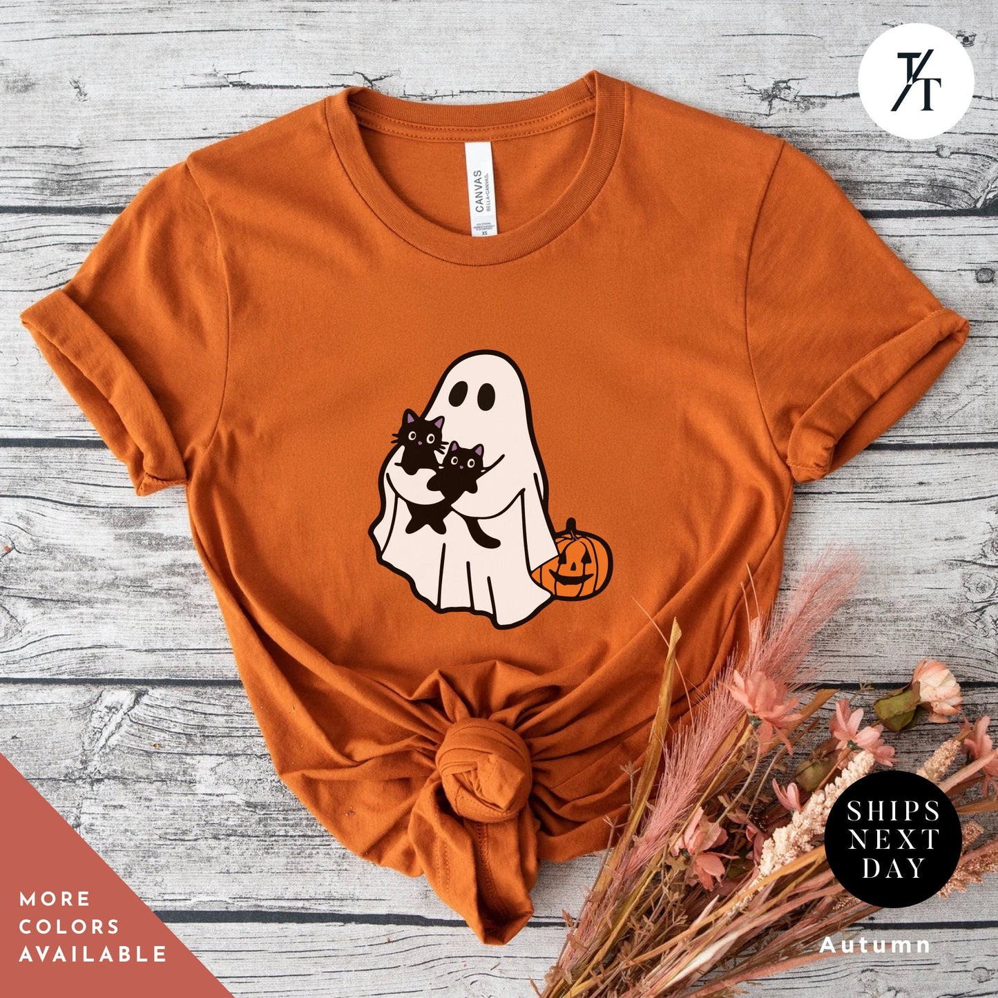 a t - shirt with a ghost holding a pumpkin, Ghost Holding Black Cat Shirt, Ghost Cat Shirt, Halloween Gift, Halloween Ghosts, Cute Ghosts Shirts, Spooky Season Shirts, Cats Lover tees