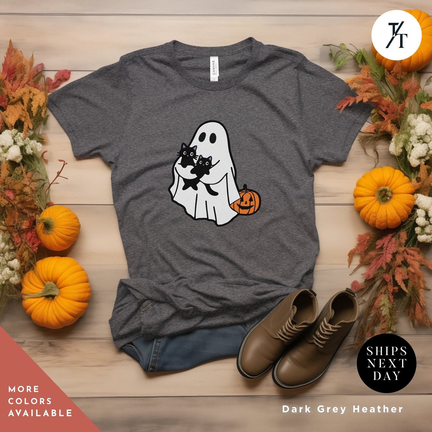 a t - shirt with a ghost holding a pumpkin, Ghost Holding Black Cat Shirt, Ghost Cat Shirt, Halloween Gift, Halloween Ghosts, Cute Ghosts Shirts, Spooky Season Shirts, Cats Lover tees