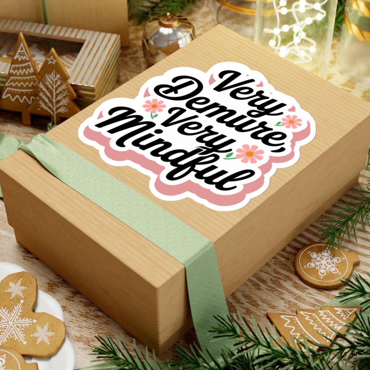 a box with a sticker on it sitting on a table Very Demure Sticker, Very Demure Very Mindful TikTok Sticker Trendy Kindle Laptop Stickers Water bottle Vinyl Viral Meme Waterproof Decal