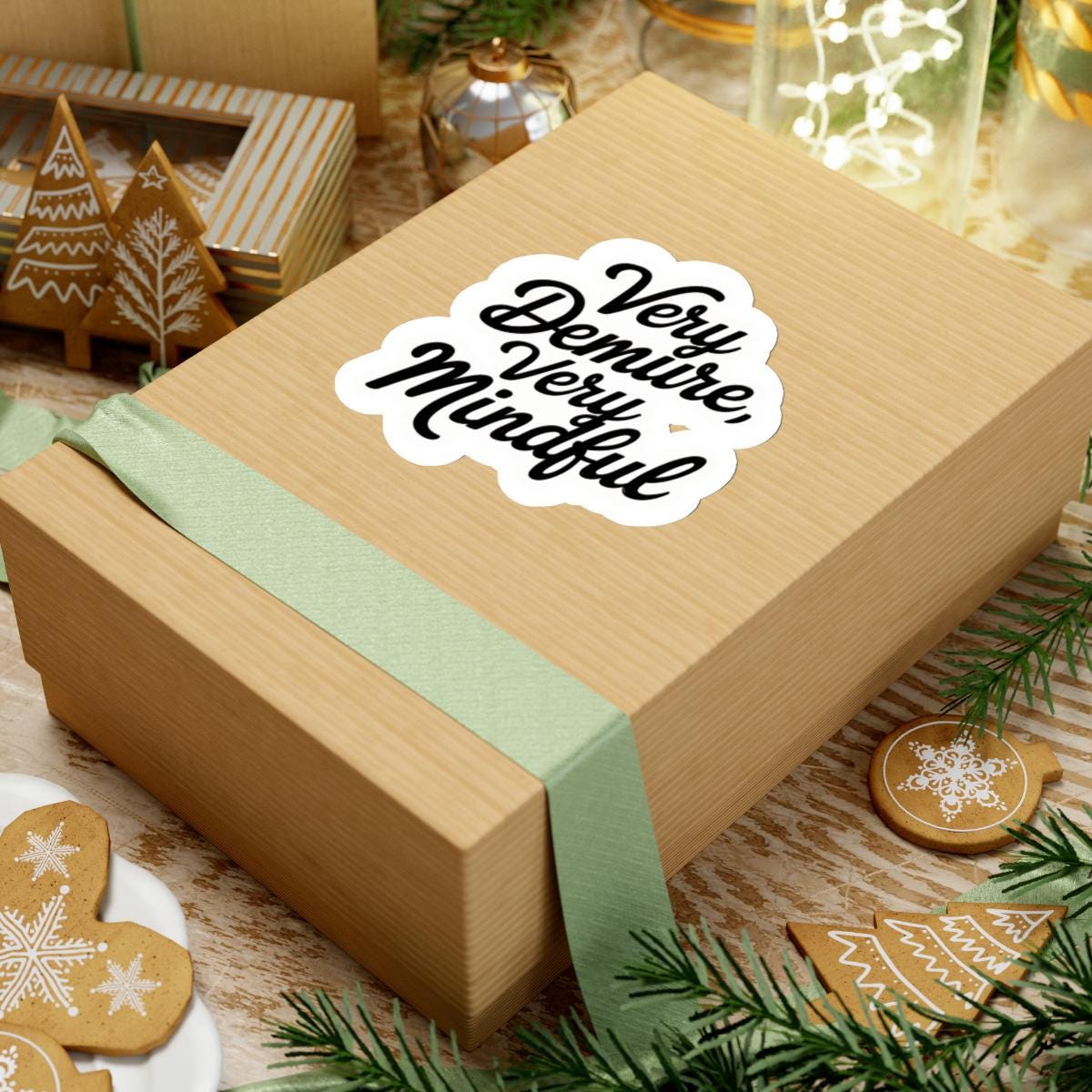 a box with a sticker on it sitting on a table, Very Demure Sticker, Very Demure Very Mindful TikTok Sticker Trendy Kindle Laptop Stickers Water bottle Vinyl Viral Meme Waterproof Decal
