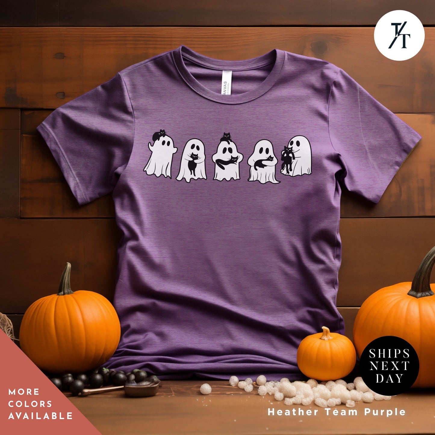 a purple t - shirt with ghost faces on it, Ghost Holding Black Cat Shirt, Ghost Cat Shirt, Halloween Gift, Halloween Ghosts, Cute Ghosts Shirts, Spooky Season Shirts, Cats Lover tees