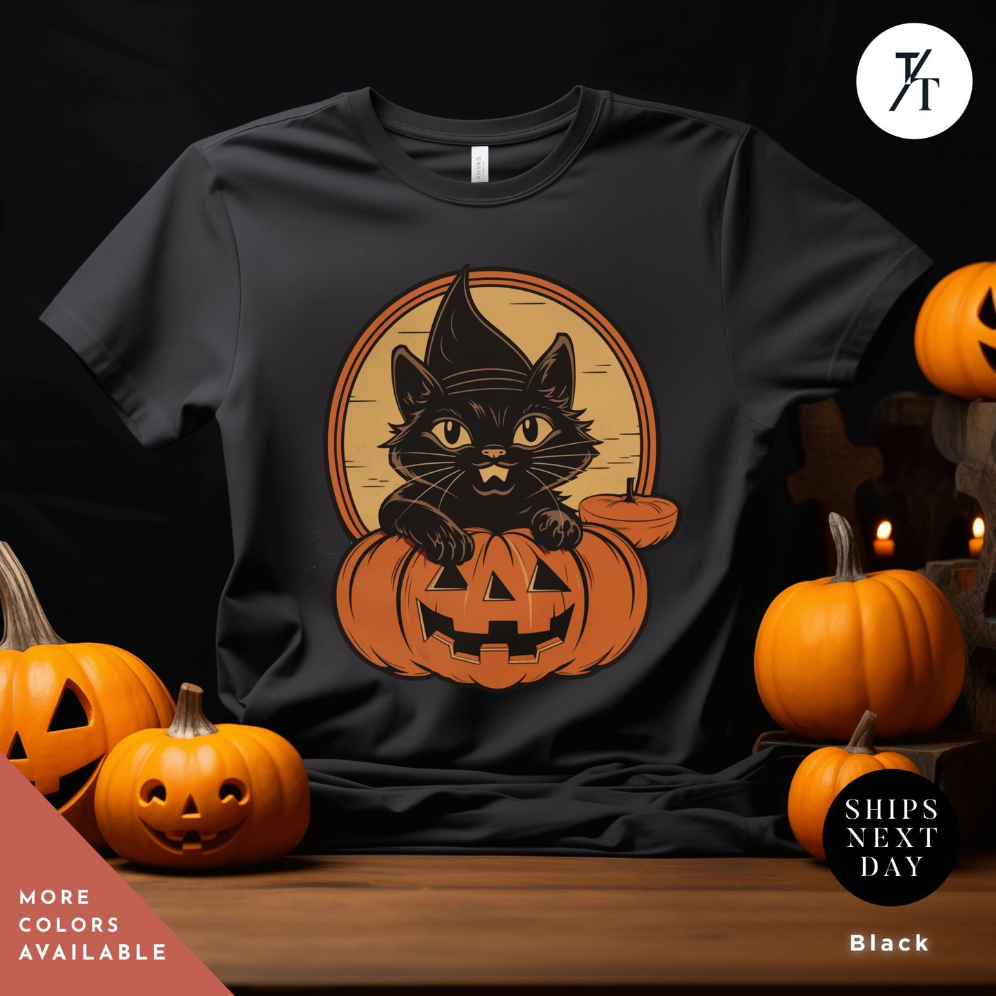 a black cat sitting on top of a pumpkin, Long live halloween Witch Cat Shirt, Vintage Black Cat Halloween shirt, Retro Witch Clothing, spooky season Trick Or Treat halloweenshirt