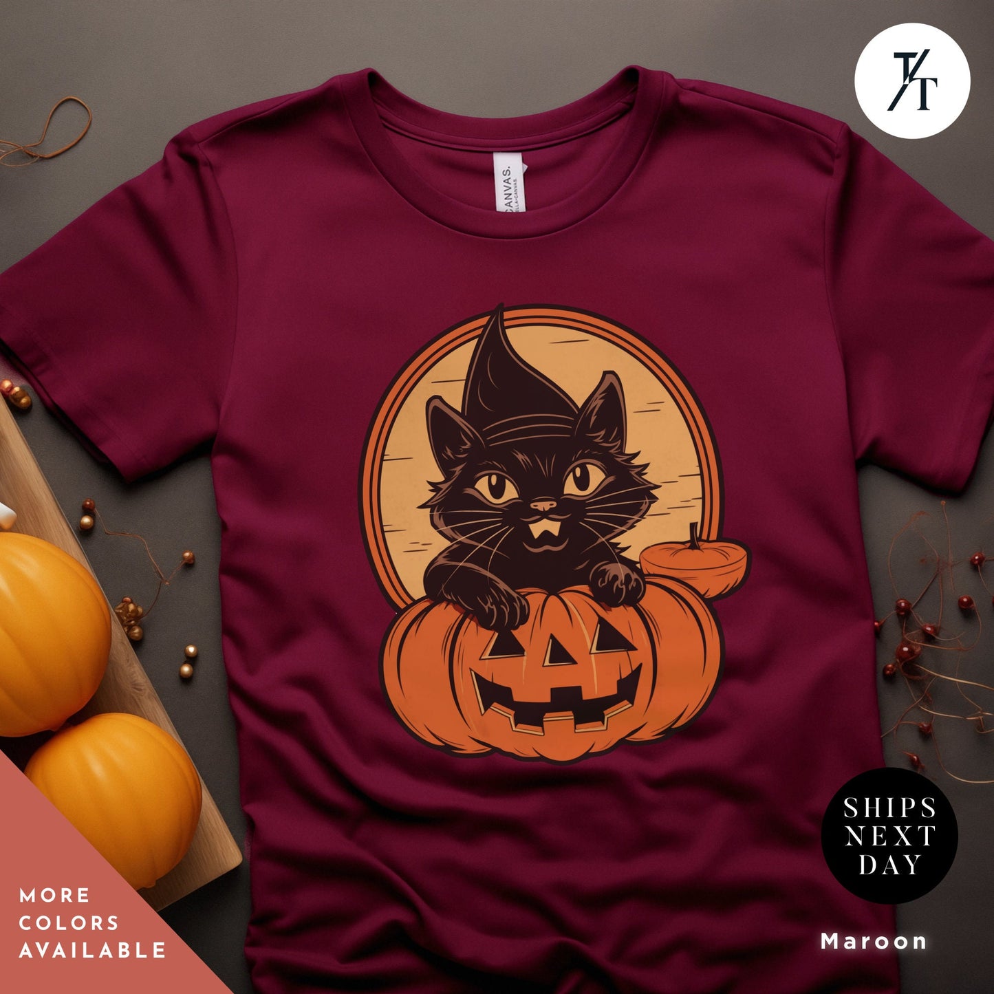 a black cat sitting on top of a pumpkin, Long live halloween Witch Cat Shirt, Vintage Black Cat Halloween shirt, Retro Witch Clothing, spooky season Trick Or Treat halloweenshirt