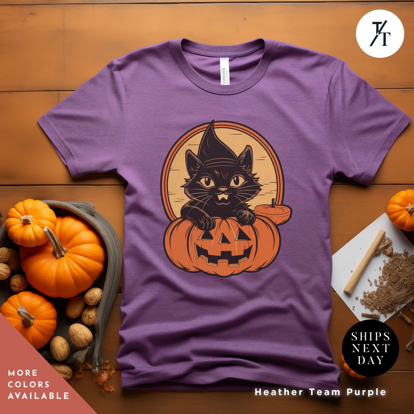 a purple shirt with a black cat sitting on a pumpkin, Long live halloween Witch Cat Shirt, Vintage Black Cat Halloween shirt, Retro Witch Clothing, spooky season Trick Or Treat halloweenshirt