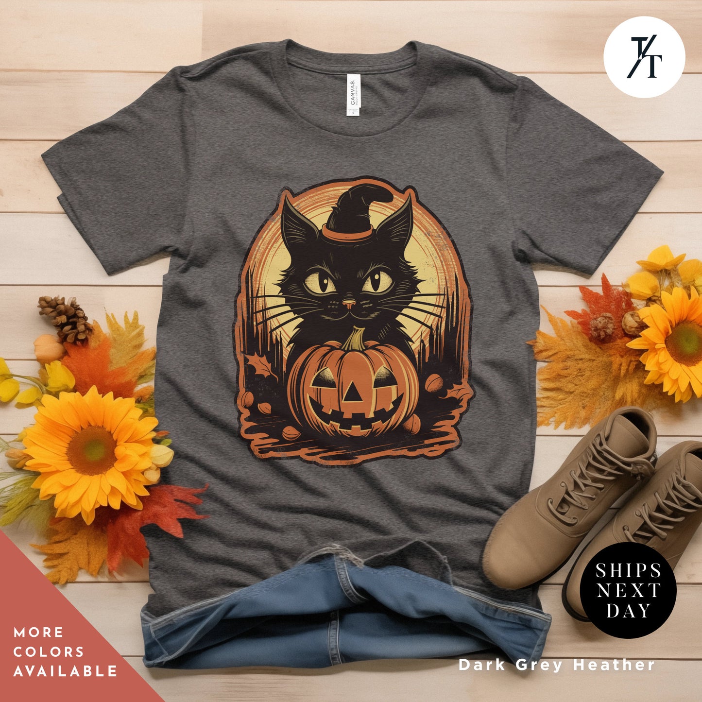 a t - shirt with a black cat and a pumpkin on it Witch Cat Shirt, Salem Witch Shirt, Vintage Black Cat Halloween shirt, Retro Witch Clothing, spooky season Witchy Cat TShirt halloweenshirt