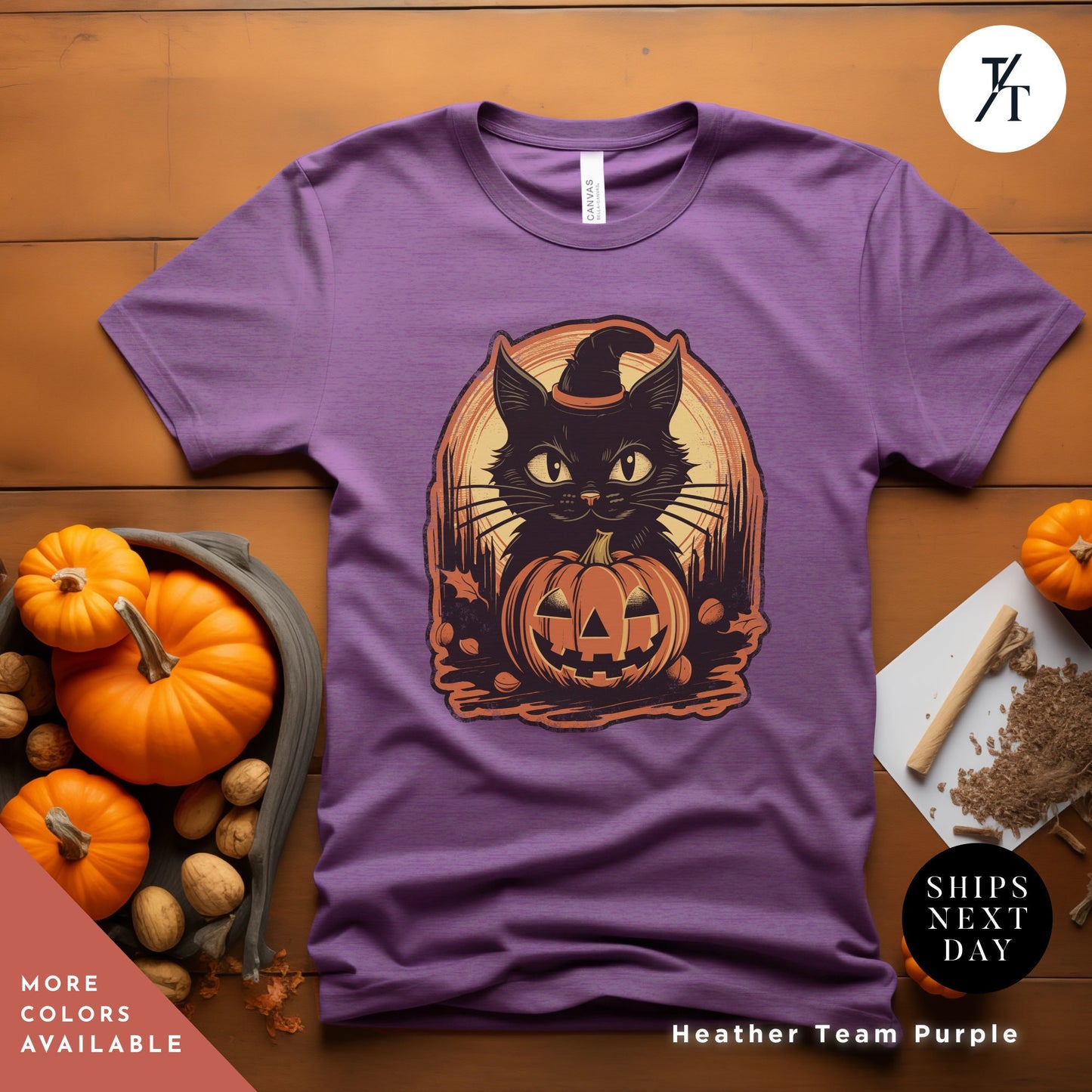 a purple shirt with a black cat wearing a pumpkin hat, Witch Cat Shirt, Salem Witch Shirt, Vintage Black Cat Halloween shirt, Retro Witch Clothing, spooky season Witchy Cat TShirt halloweenshirt
