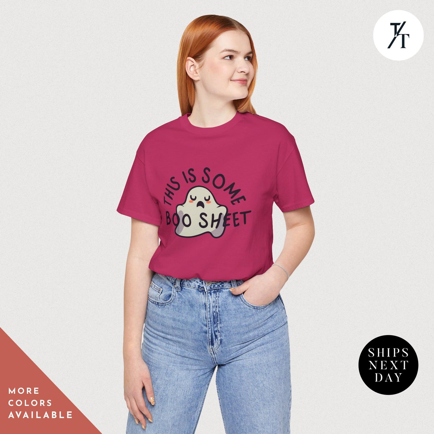 a woman wearing a pink t - shirt with a dog on it, this some boo shit shirt, Funny Halloween ghost this Is Some Boo Sheet Ghost Shit shirt, Funny Halloween cute spooky season ghosts tshirt