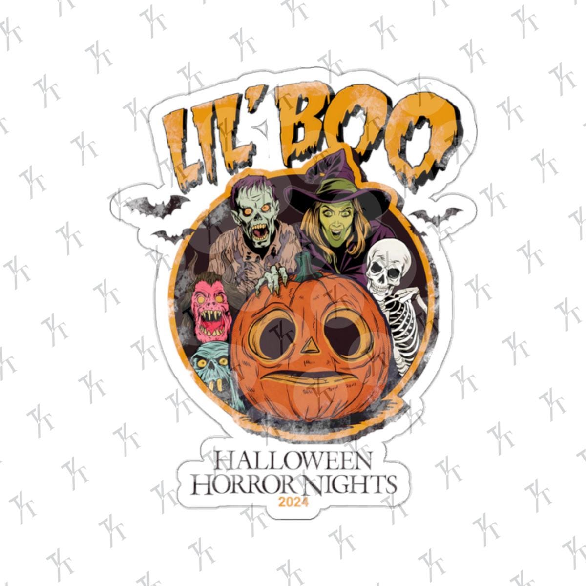 a halloween card with a pumpkin and witches on it, Halloween horror nights sticker Hhn Jack Decal Lil Boo Sticker, Halloween Horror Nights Uoap Decals, Universal Stickers, Universal Studios