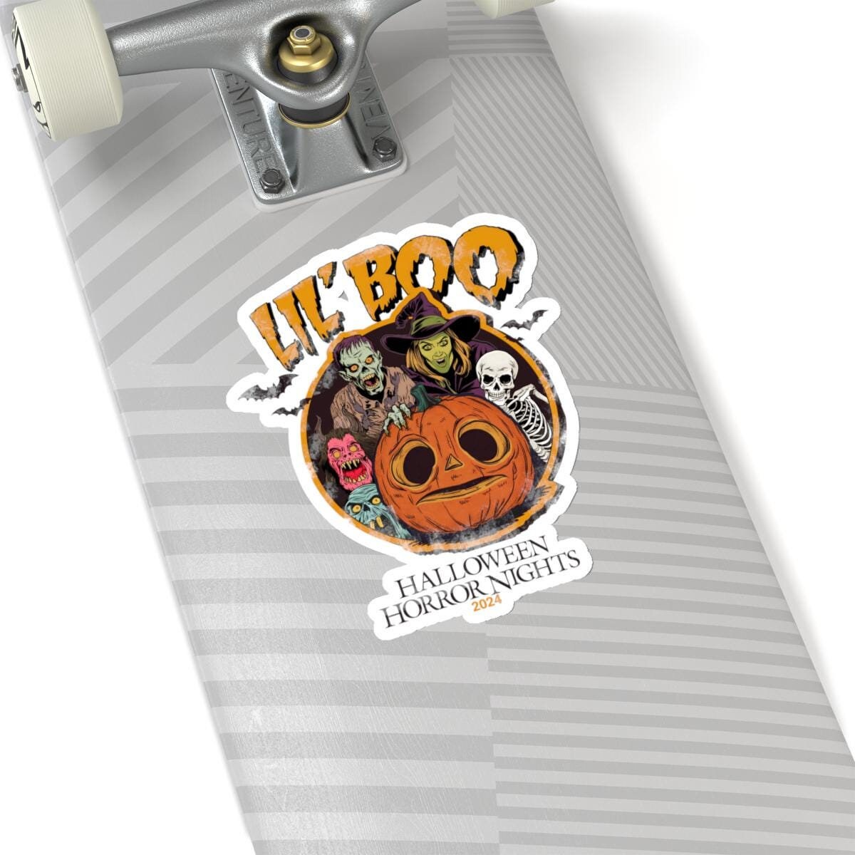 a skateboard with a picture of a pumpkin on it, Halloween horror nights sticker Hhn Jack Decal Lil Boo Sticker, Halloween Horror Nights Uoap Decals, Universal Stickers, Universal Studios
