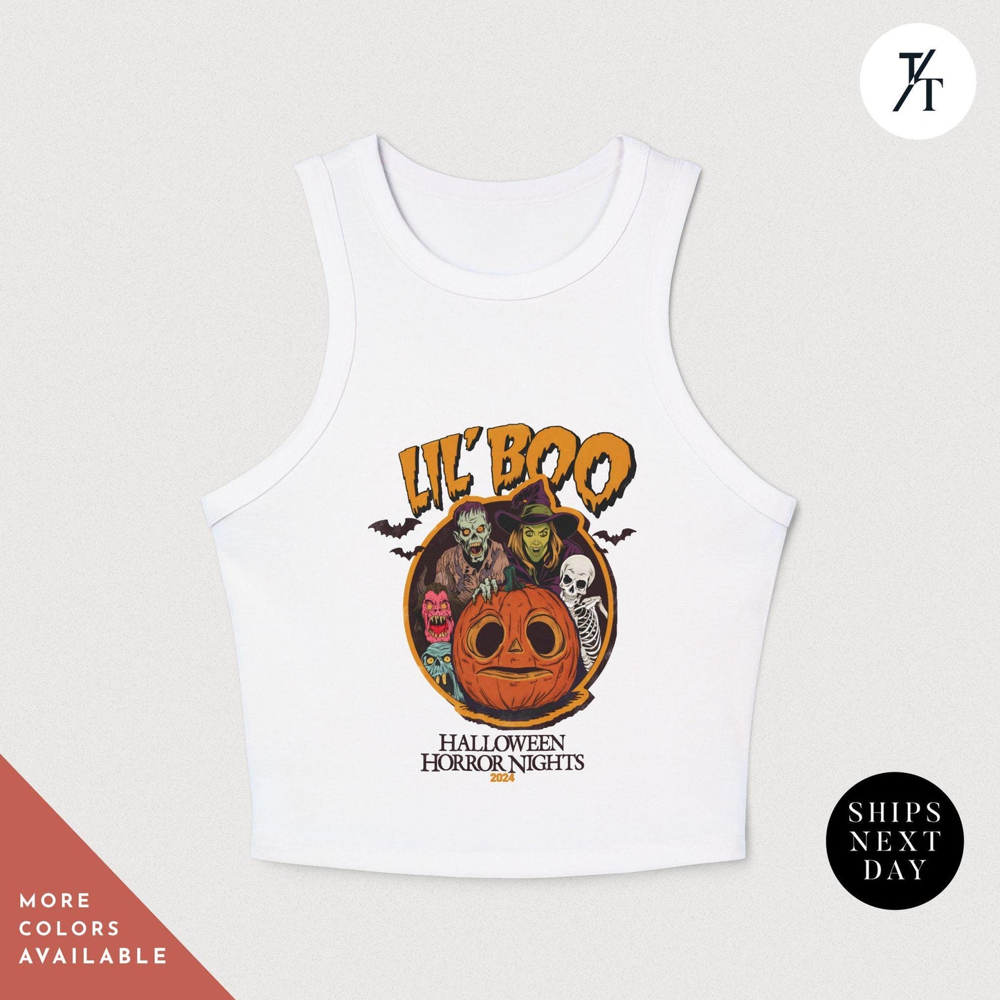 a white crop top with an image of a pumpkin on it, Halloween Horror Nights Crop Lil Boo HHN baby tee, hhn crop tank, rib Universal Scary night, Spooky Halloween Party Tshirt, horror nig