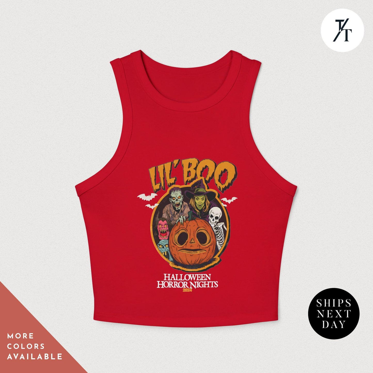 a red shirt with a picture of a pumpkin on it, Halloween Horror Nights Crop Lil Boo HHN baby tee, hhn crop tank, rib Universal Scary night, Spooky Halloween Party Tshirt, horror nig