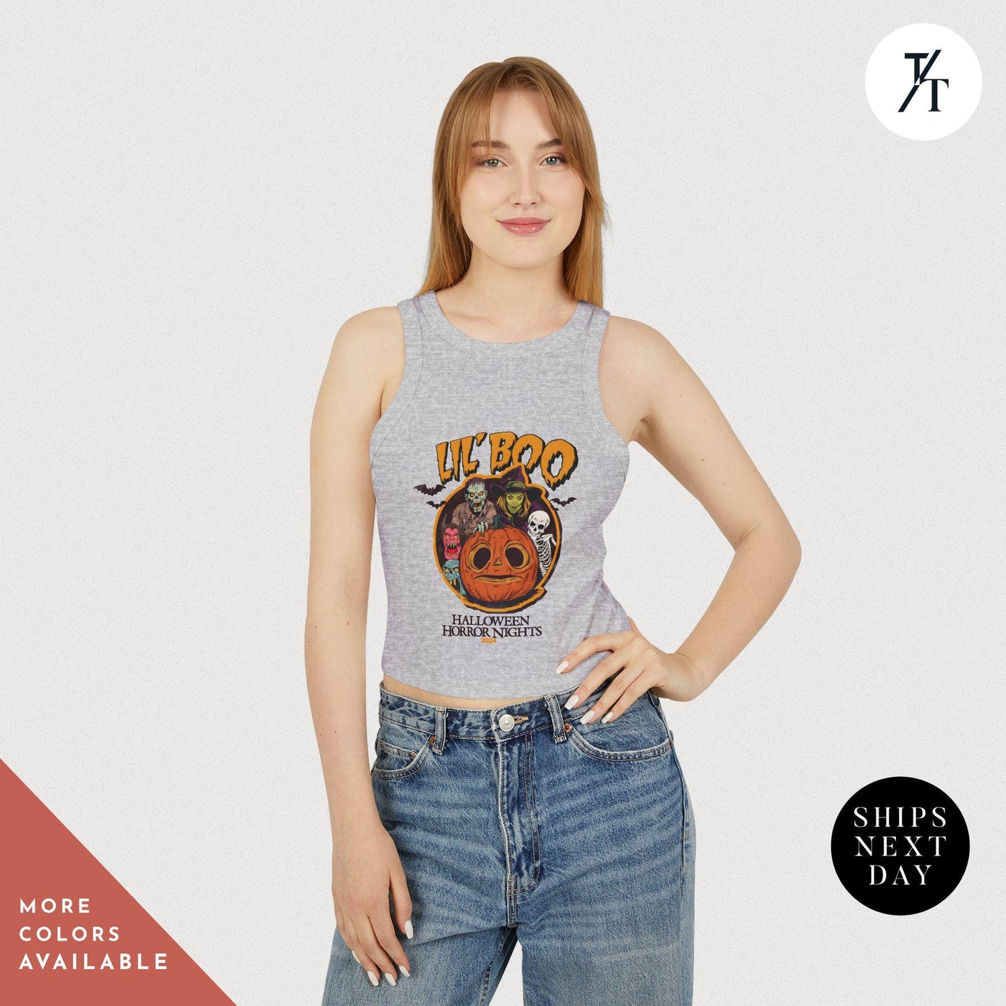 a woman wearing a tank top with a picture of a pumpkin on it, Halloween Horror Nights Crop Lil Boo HHN baby tee, hhn crop tank, rib Universal Scary night, Spooky Halloween Party Tshirt, horror nig