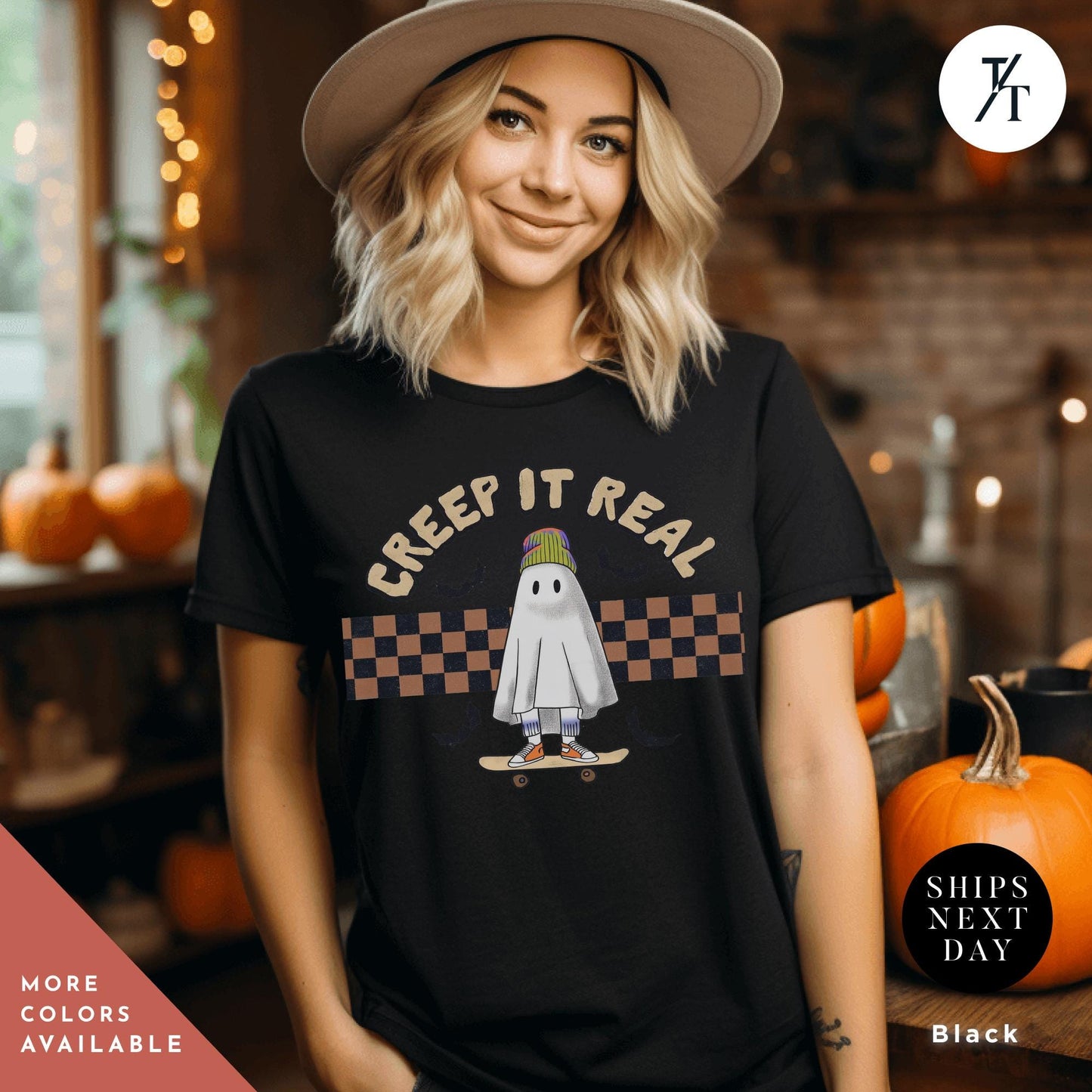 a woman wearing a black shirt with a ghost on it Retro Halloween Cute Ghost Shirt, Creeping It Real, Vintage Halloween Tee, Spooky Season, Funny Halloween Gift, Oversized Women's Crewneck