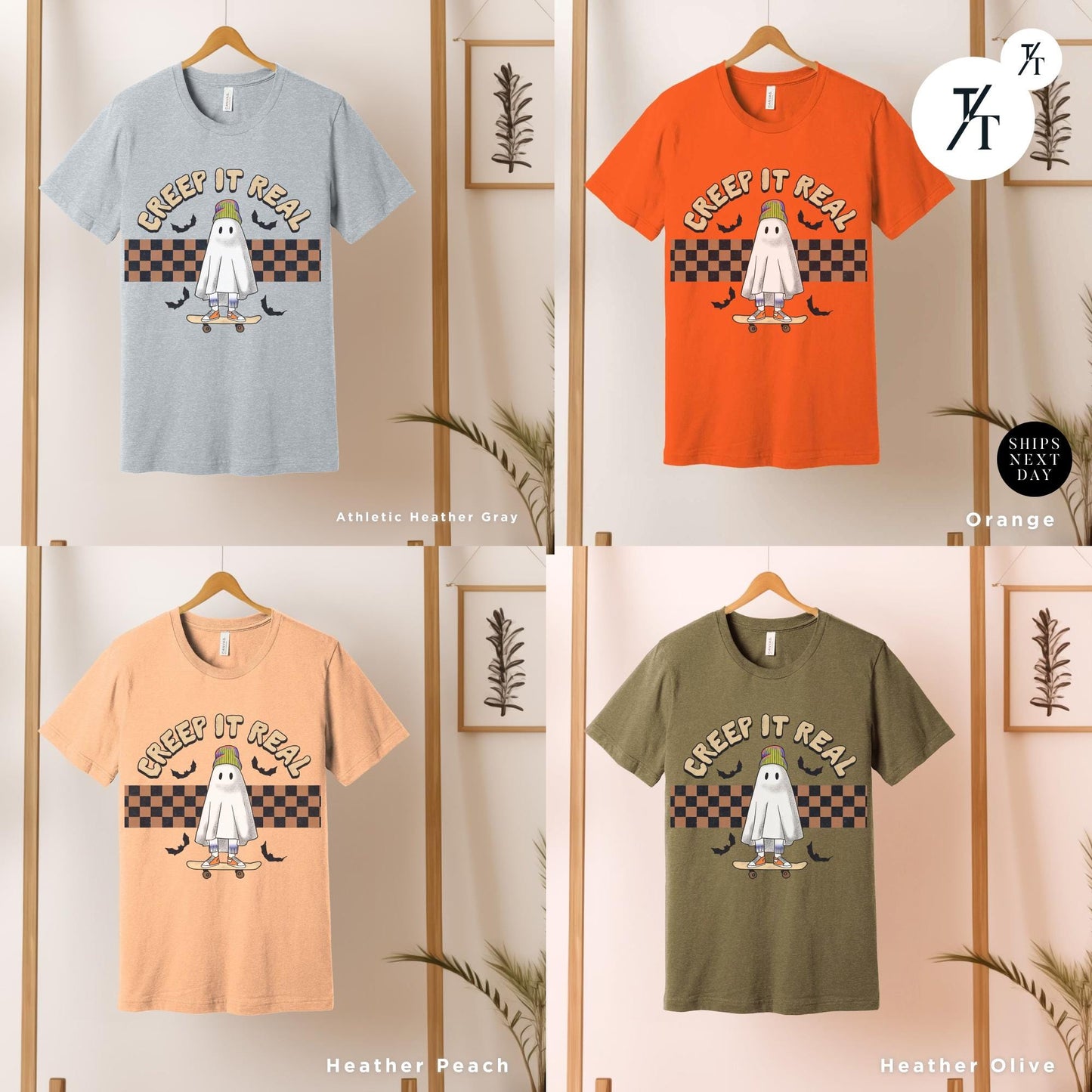 four different t - shirts hanging on a wall Retro Halloween Cute Ghost Shirt, Creeping It Real, Vintage Halloween Tee, Spooky Season, Funny Halloween Gift, Oversized Women's Crewneck