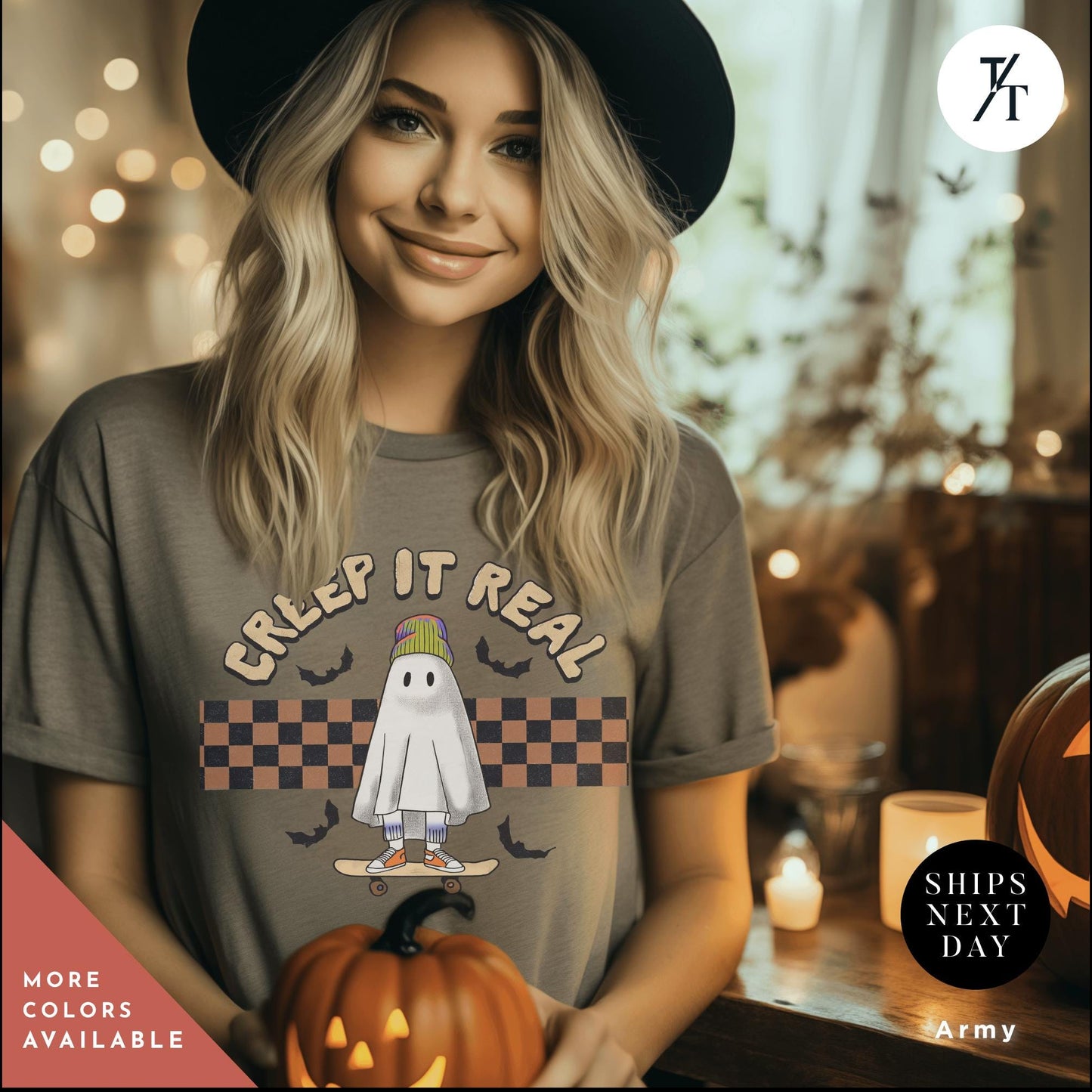 a woman wearing a t - shirt with a ghost on it Retro Halloween Cute Ghost Shirt, Creeping It Real, Vintage Halloween Tee, Spooky Season, Funny Halloween Gift, Oversized Women's Crewneck