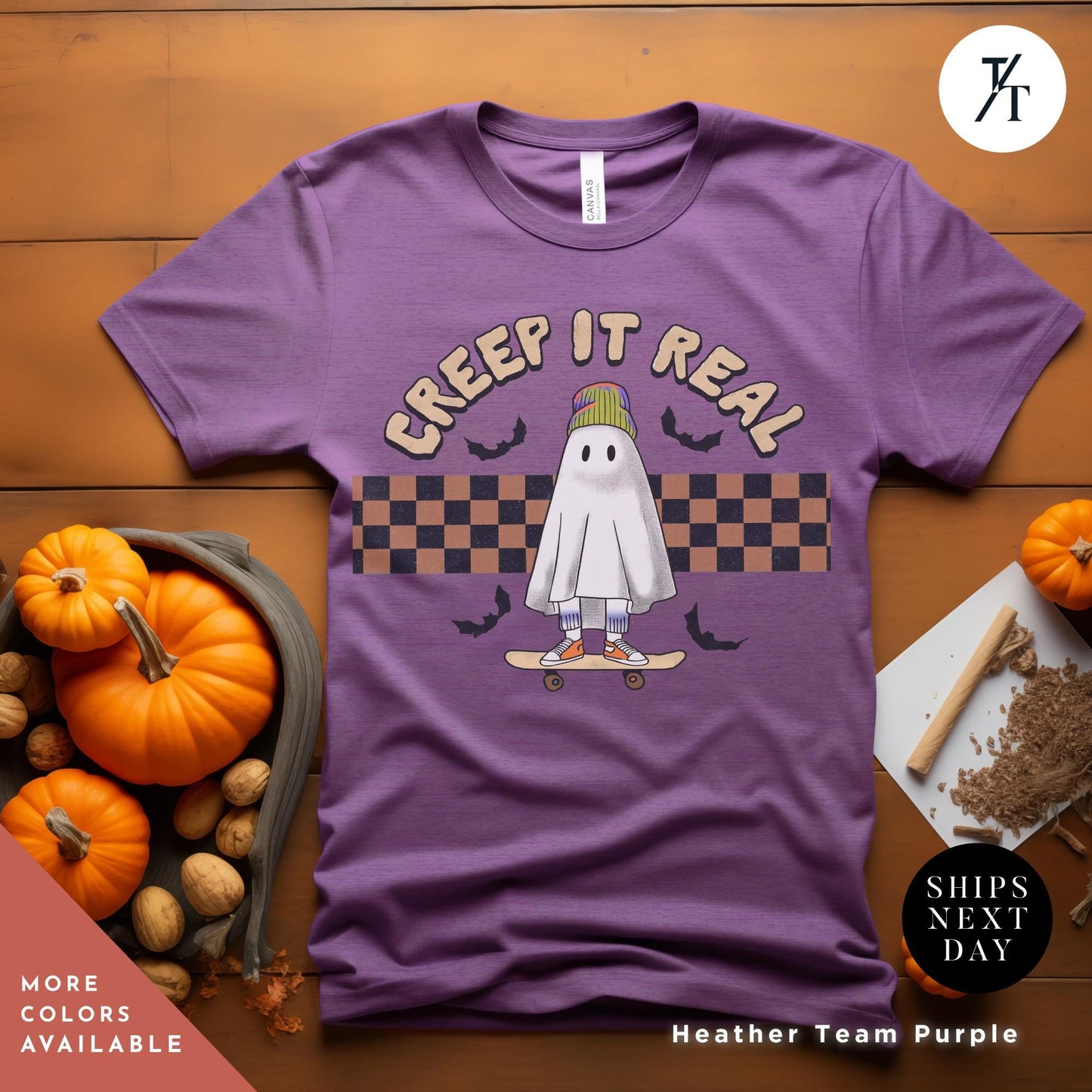 a purple t - shirt with a picture of a ghost on it Retro Halloween Cute Ghost Shirt, Creeping It Real, Vintage Halloween Tee, Spooky Season, Funny Halloween Gift, Oversized Women's Crewneck