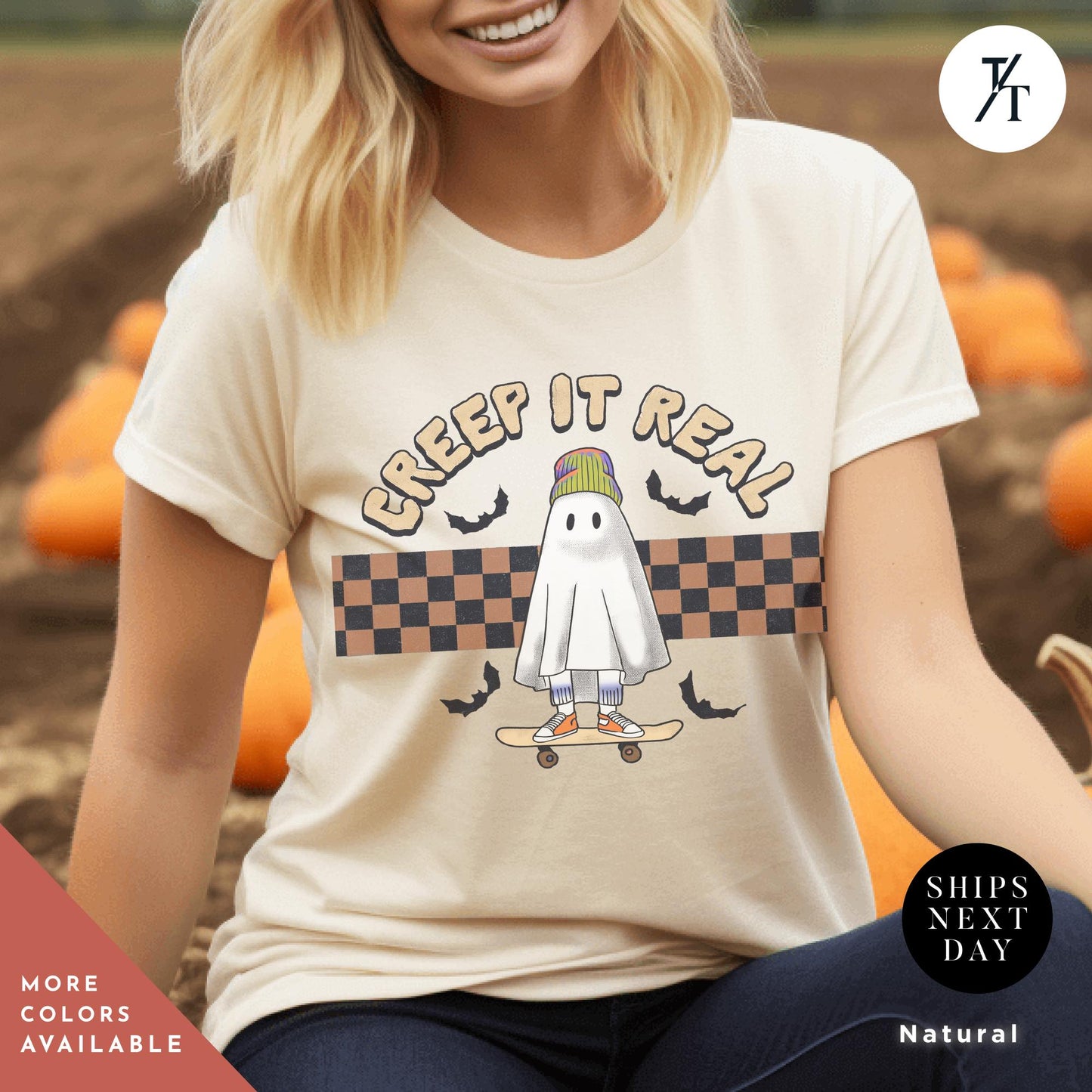 Retro Halloween Cute Ghost Shirt, Creeping It Real, Vintage Halloween Tee, Spooky Season, Funny Halloween Gift, Oversized Women's Crewnecka woman wearing a t - shirt with a ghost on it