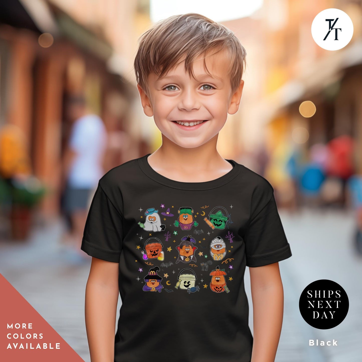 a young boy wearing a black t - shirt with a picture of a bunch of Cute halloween shirts for kids, Chicken Nugget Shirt Kids Halloween Shirt, Trendy Retro Boho Funny Vintage Nugget Lover Boys and Girls Tee