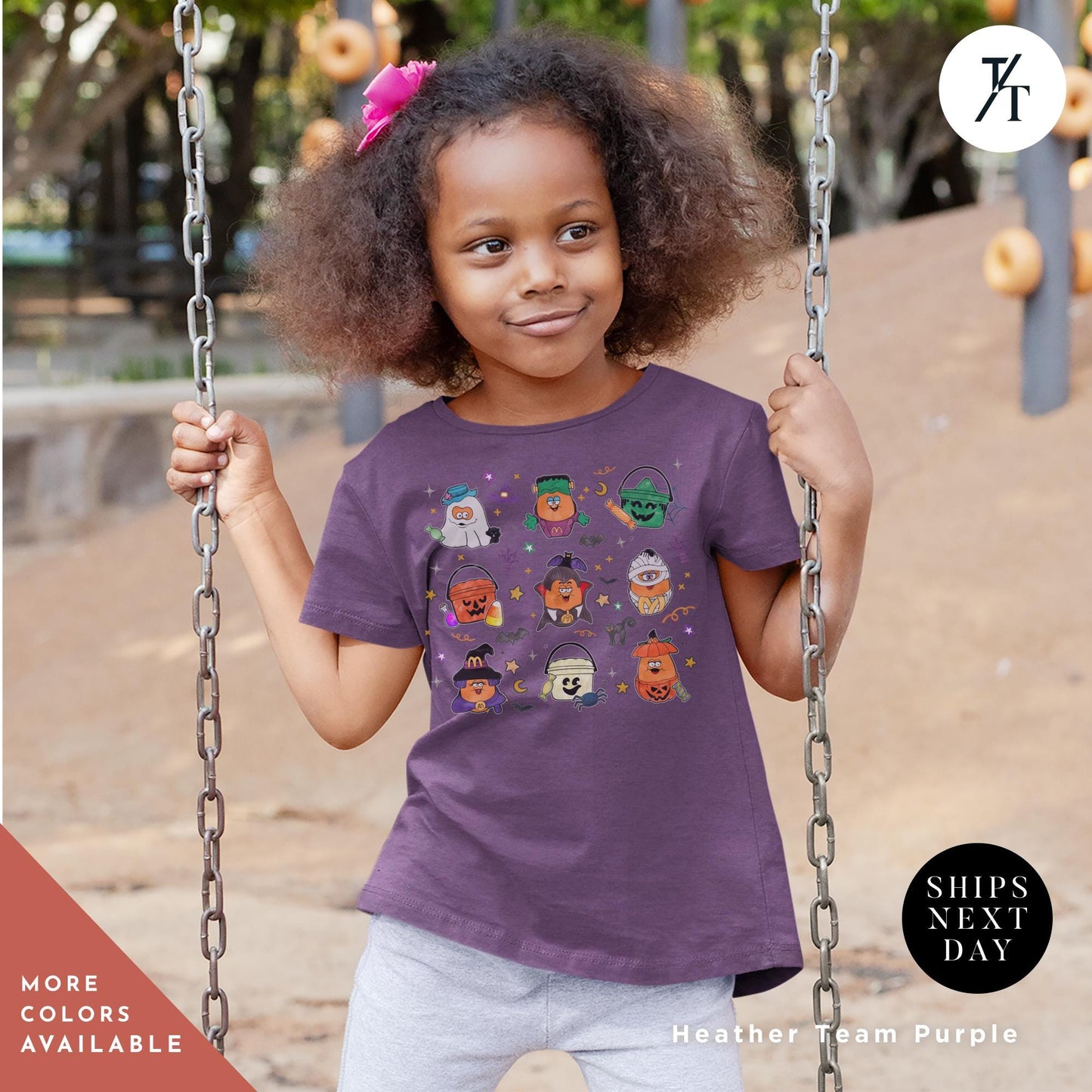 a young girl holding onto a metal swing Cute halloween shirts for kids, Chicken Nugget Shirt Kids Halloween Shirt, Trendy Retro Boho Funny Vintage Nugget Lover Boys and Girls Tee