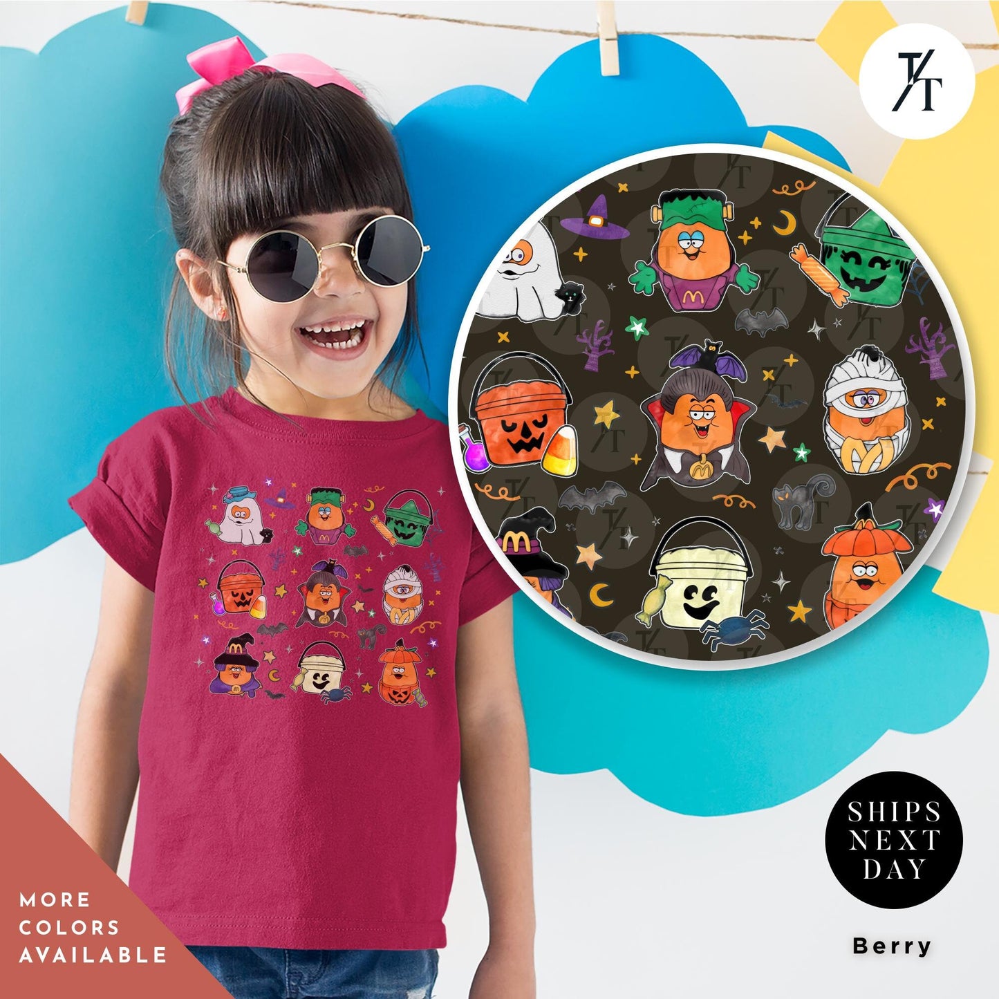 a young girl wearing a halloween t - shirt and sunglasses, Cute halloween shirts for kids, Chicken Nugget Shirt Kids Halloween Shirt, Trendy Retro Boho Funny Vintage Nugget Lover Boys and Girls Tee