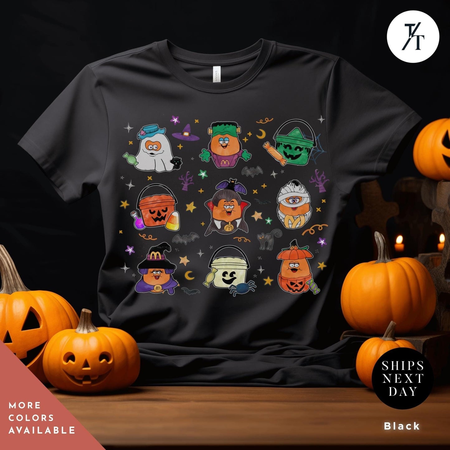 a black t - shirt with halloween characters on it, Halloween Nuggets Shirt, Retro Halloween Tee, Vintage Scary Halloween, Chicken Nugget Lover Gift, 80s Kids Throwback, Spooky Season Shirt