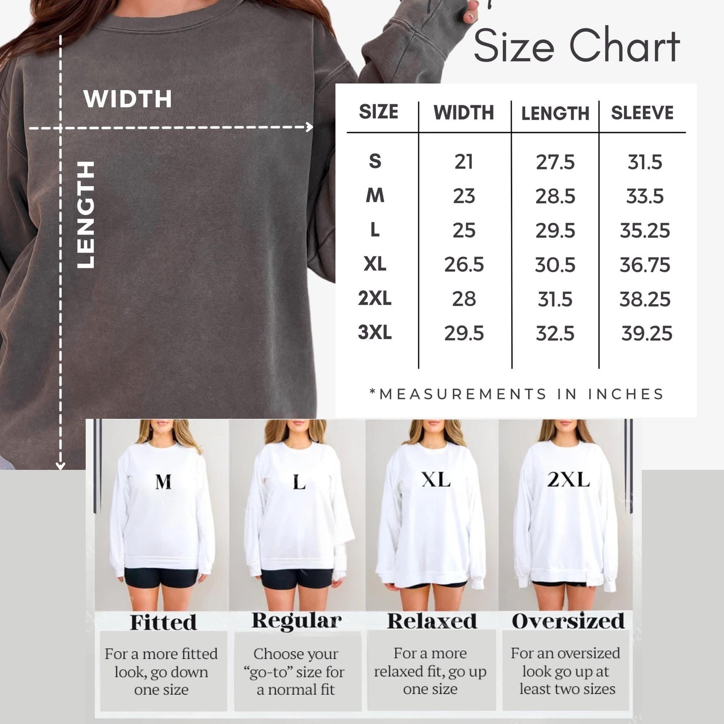 a women's size chart for a sweatshirt
