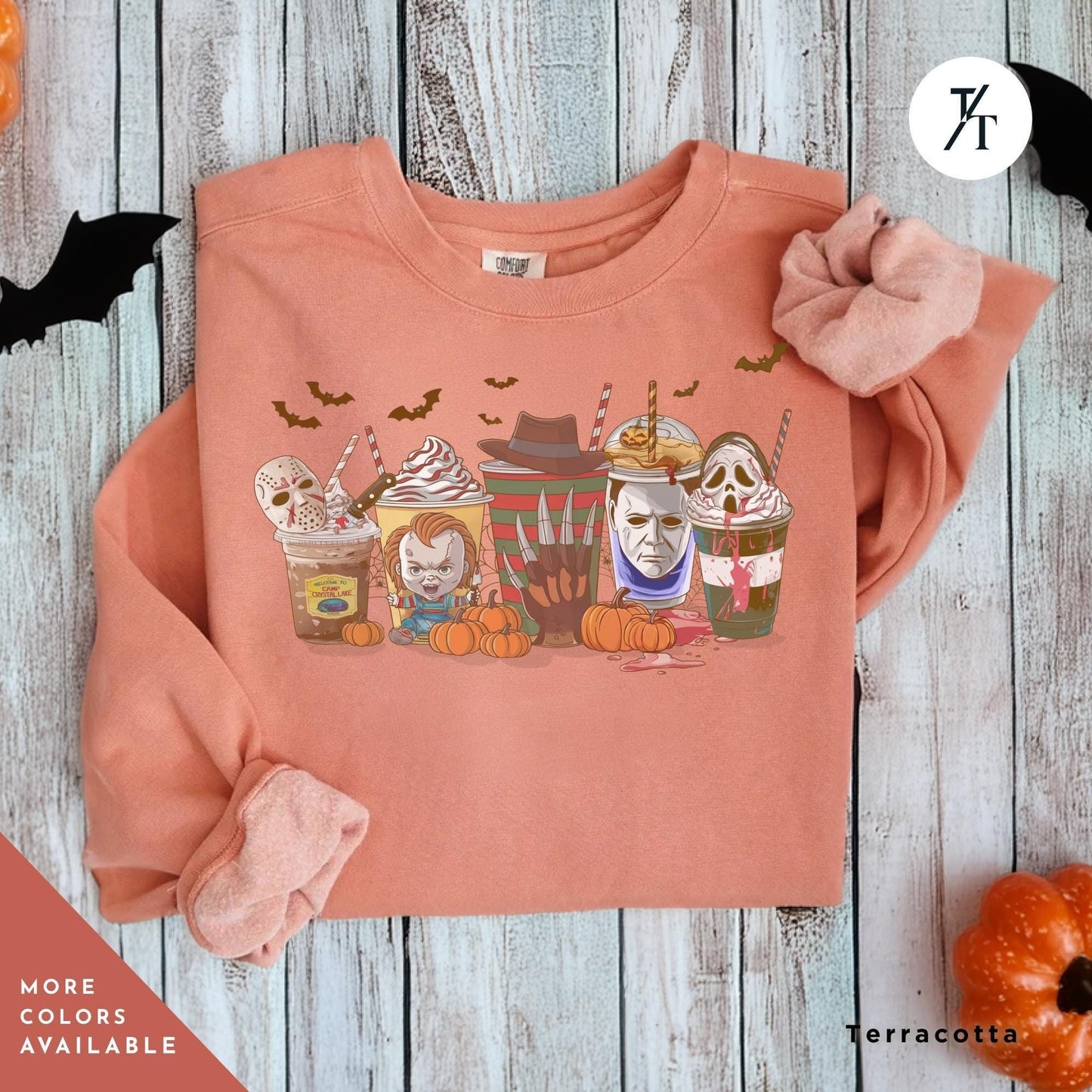 a terracotta sweatshirt with a picture of a group of halloween horror characters on coffee drinks on it, Skeleton Coffee Cups Sweatshirt, Coffee Cups Sweatshirt, Skull Coffee Cup Sweatshirt, Skeleton Halloween Sweatshirt, Coffee Lover Sweatshirt